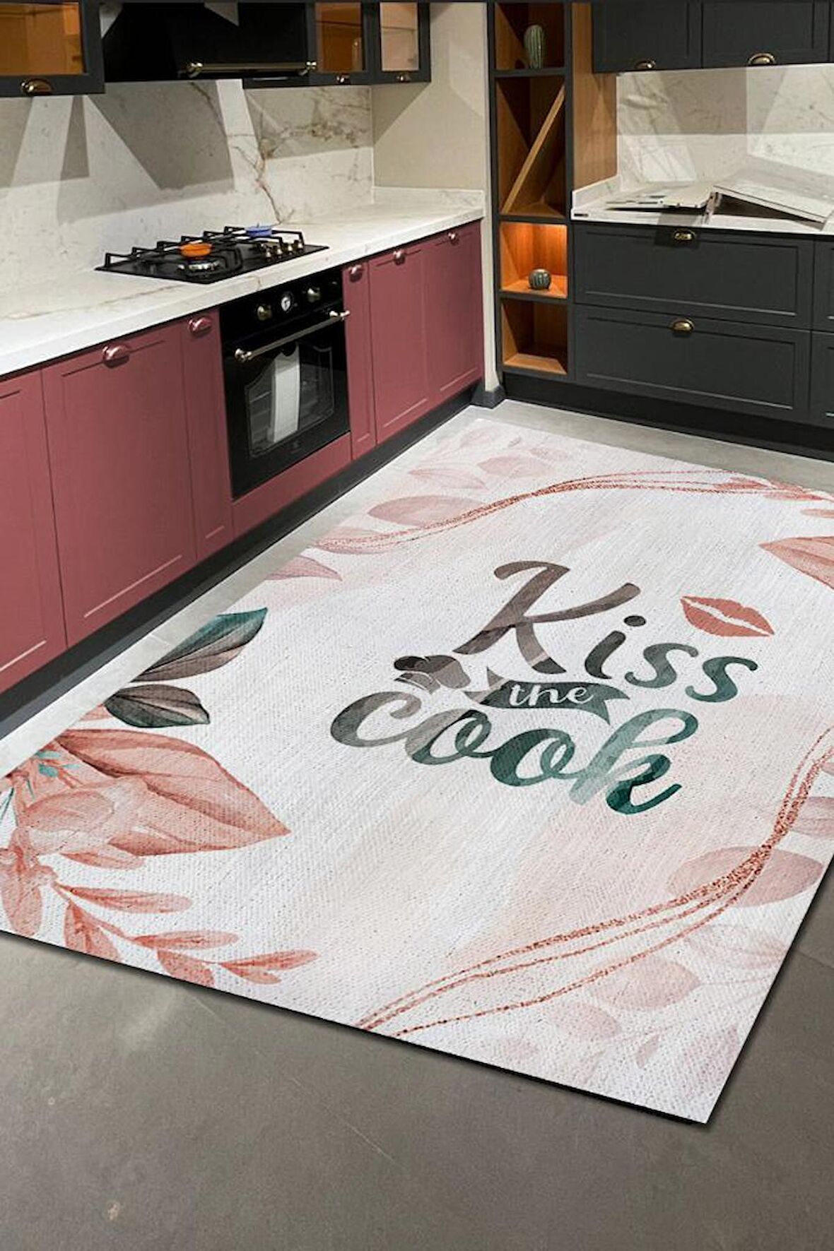 Homshtag Aşçıyı Öp Pamuklu Dokuma Tabanlı Yıkanabilir Kaymaz Dekoratif Mutfak Halısı