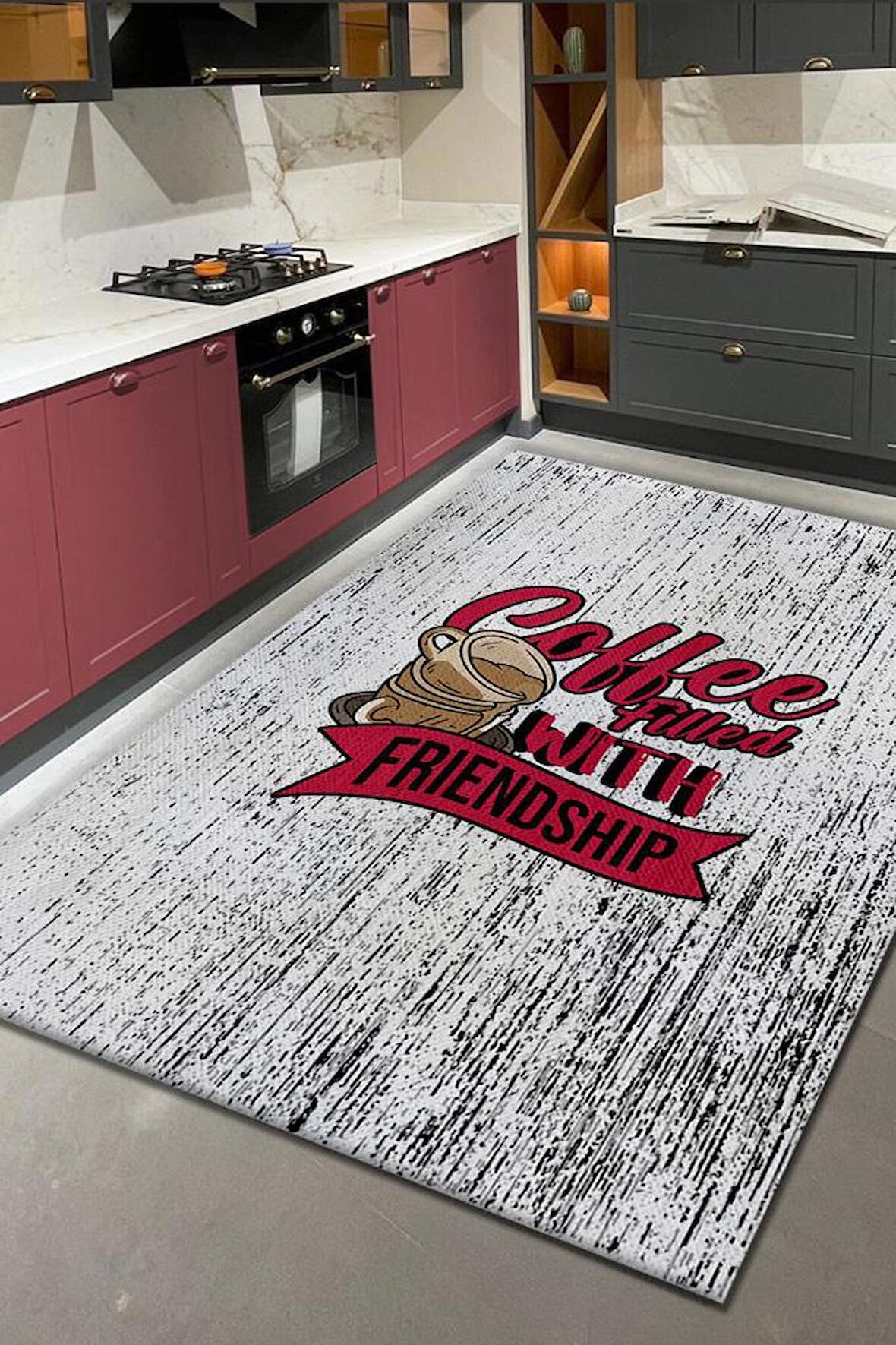 Homshtag Kahve Dostluğu Pamuklu Dokuma Tabanlı Yıkanabilir Kaymaz Dekoratif Halı