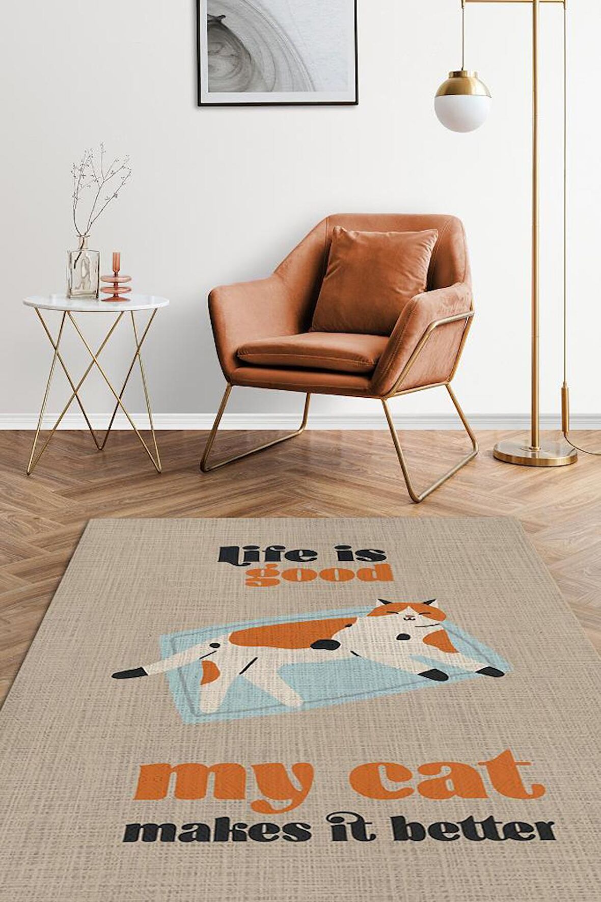 Homshtag Hayat Kedimle Güzel Pamuklu Dokuma Tabanlı Yıkanabilir Kaymaz Dekoratif Halı