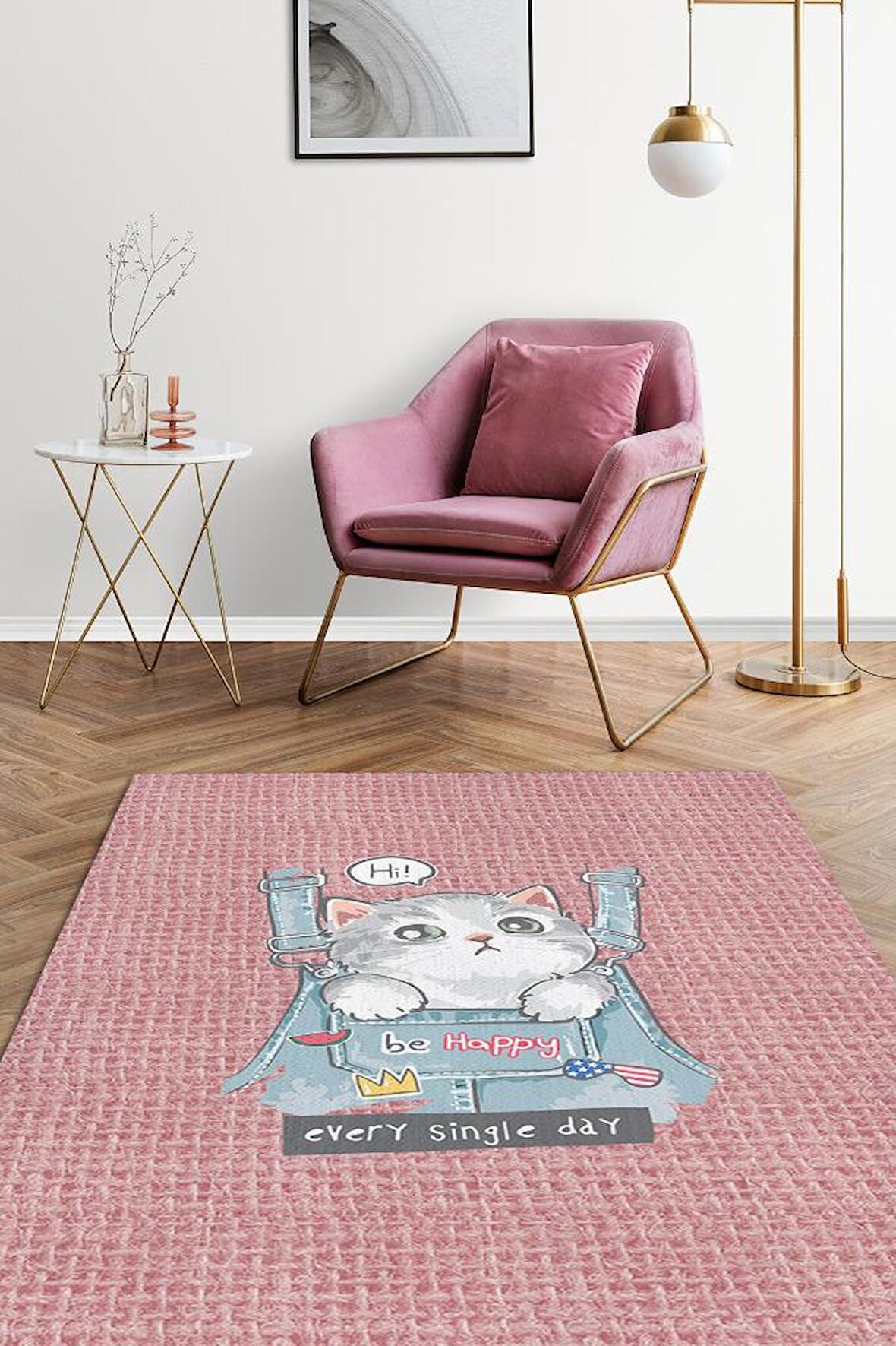 Homshtag Her Gün Mutlu Ol Pamuklu Dokuma Tabanlı Yıkanabilir Kaymaz Dekoratif Halı