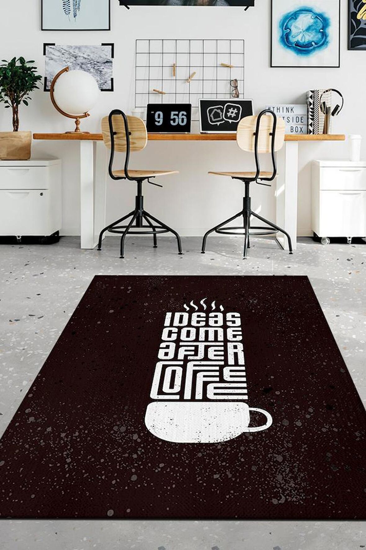 Homshtag Önce Kahve Sonra Fikir Pamuklu Dokuma Tabanlı Yıkanabilir Kaymaz Dekoratif Home Office Halısı