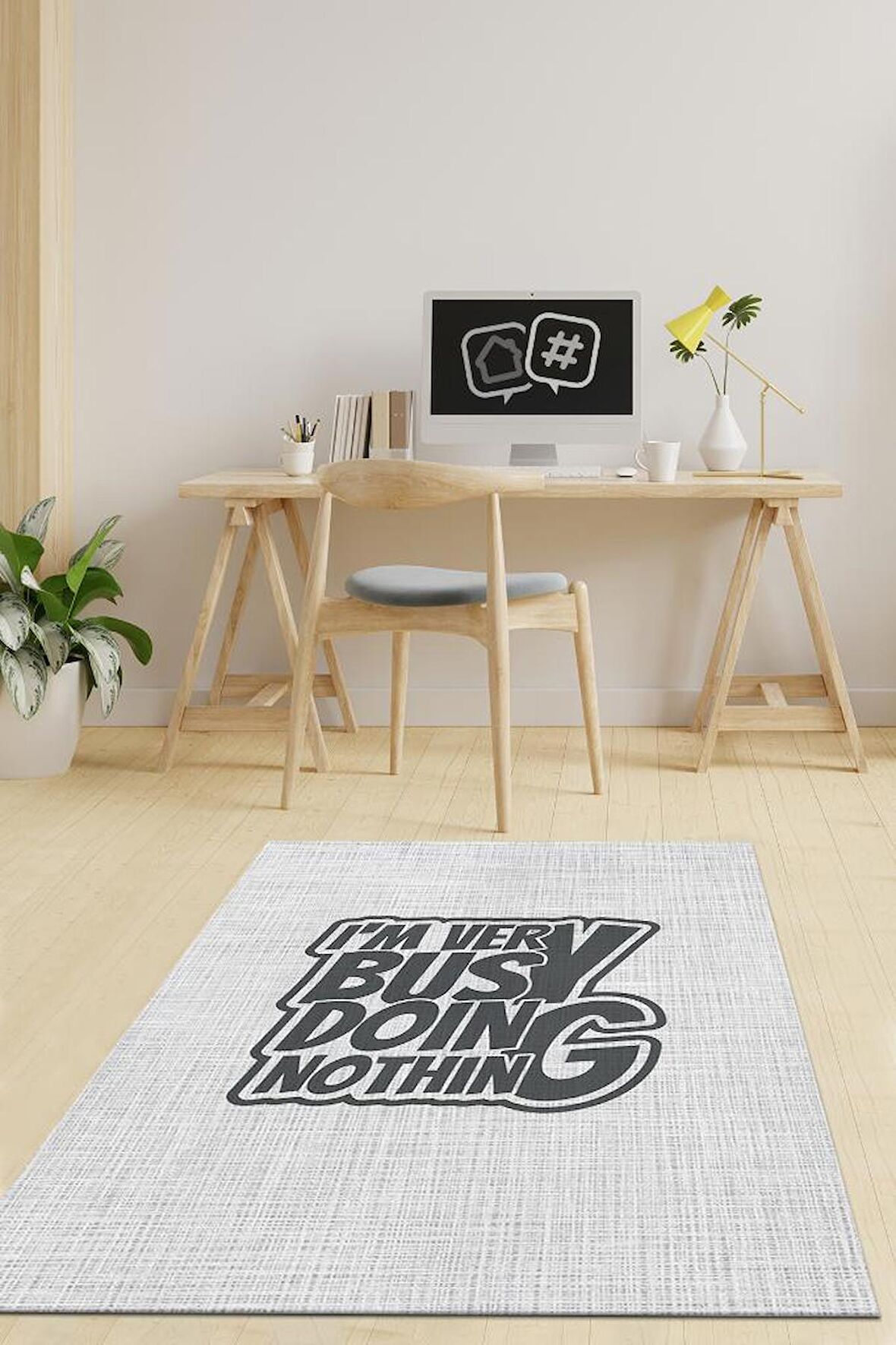 Homshtag Hiçbir Şeyle Meşgulüm Pamuklu Dokuma Tabanlı Yıkanabilir Kaymaz Dekoratif Home Office Halısı