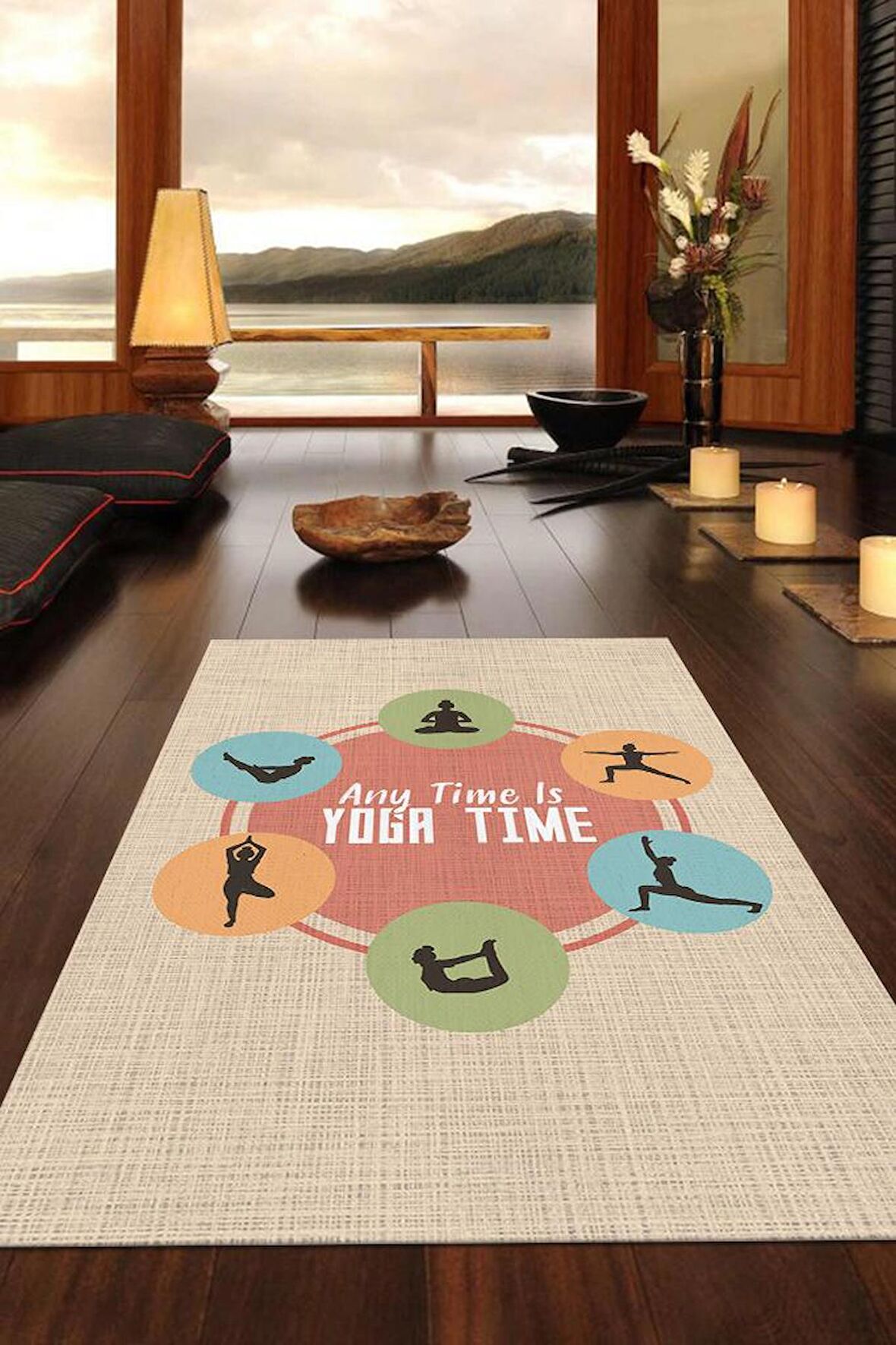 Homshtag Her Zaman Yoga Vakti Pamuklu Dokuma Tabanlı Yıkanabilir Kaymaz Dekoratif Halı