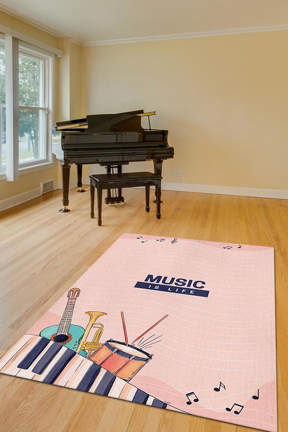 Homshtag Hayatım Müzik Pamuklu Dokuma Tabanlı Yıkanabilir Kaymaz Dekoratif Halı