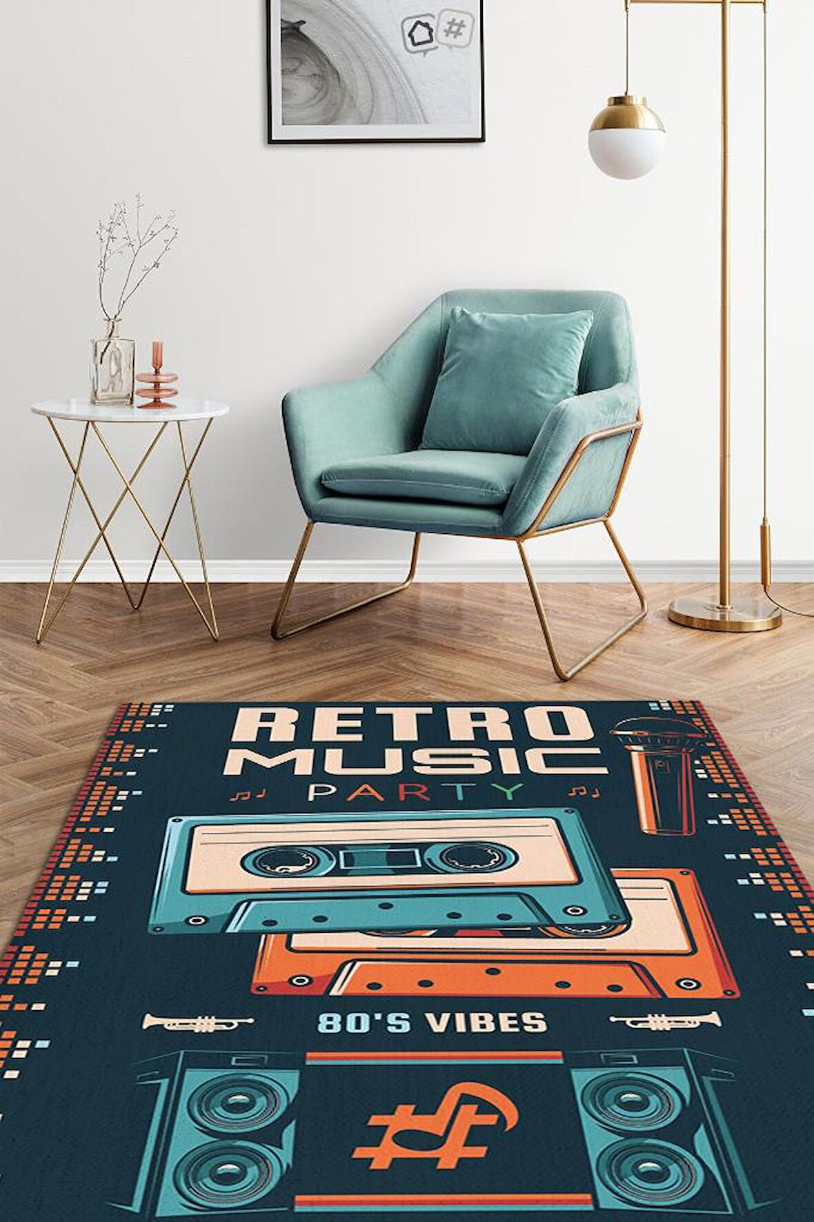 Homshtag Retro Müzik Pamuklu Dokuma Tabanlı Yıkanabilir Kaymaz Dekoratif Halı