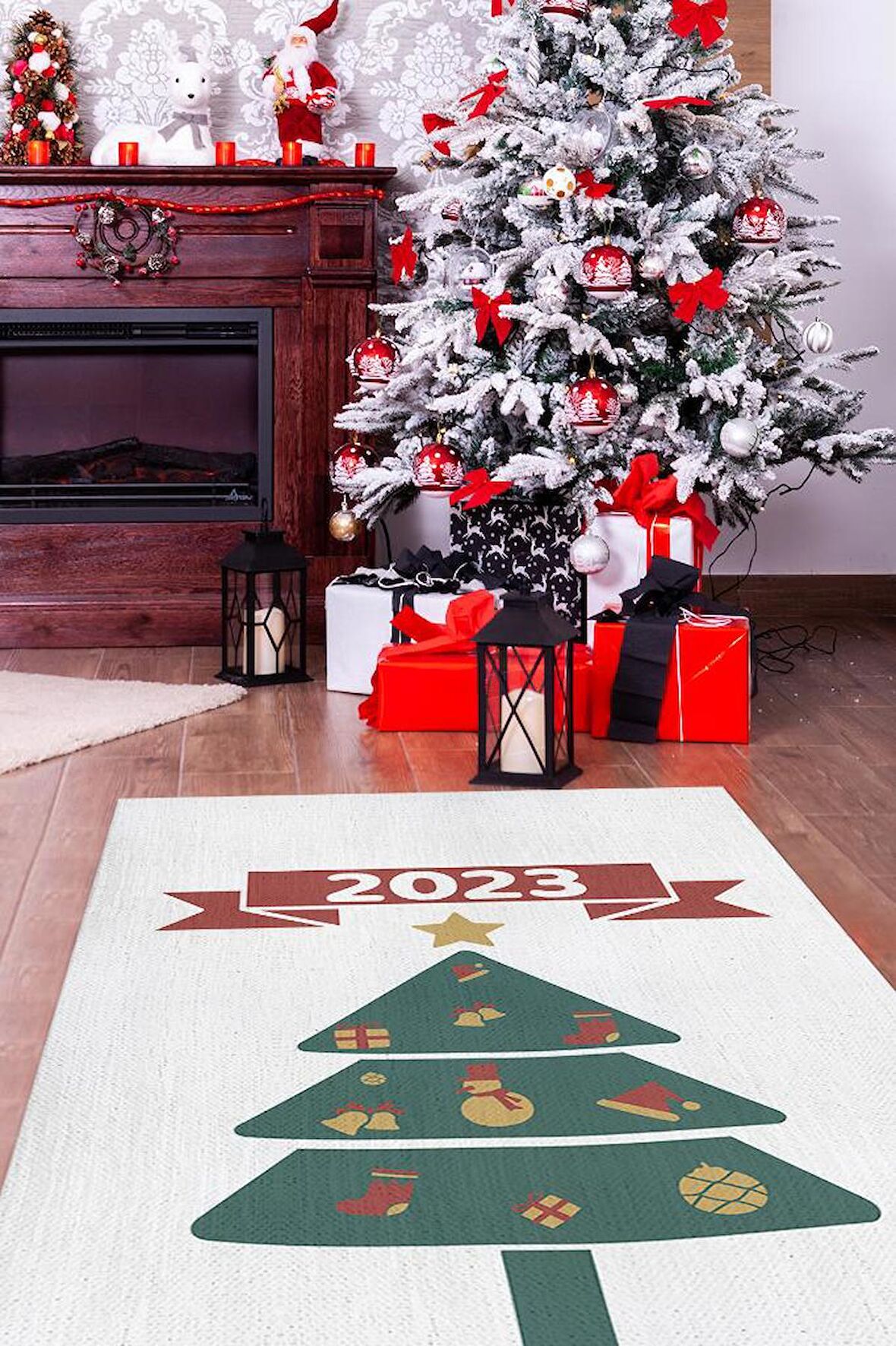 Homshtag Hoş Geldin Yeni Yıl Pamuklu Dokuma Tabanlı Yıkanabilir Kaymaz Dekoratif Yeni Yıl Halısı