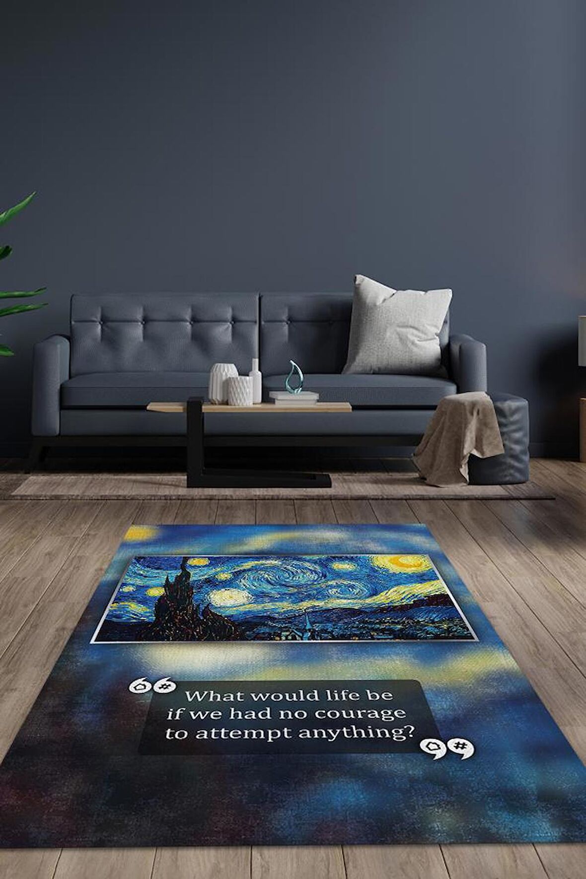 Homshtag Yıldızlı Gece Van Gogh Dokuma Tabanlı Yıkanabilir Kaymaz Sanat Sever Halısı