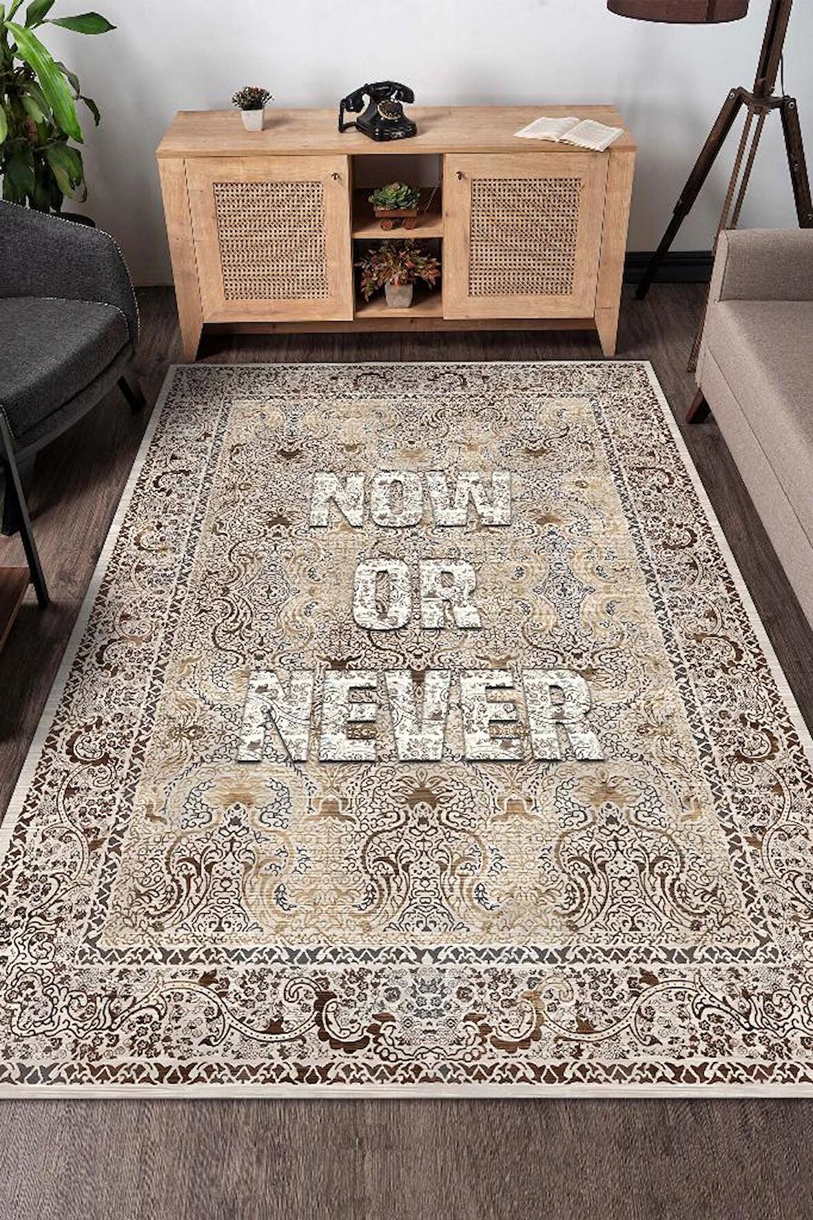 Homshtag Şimdi Yada Asla Pamuklu Dokuma Tabanlı Yıkanabilir Kaymaz Dekoratif Ev Halısı