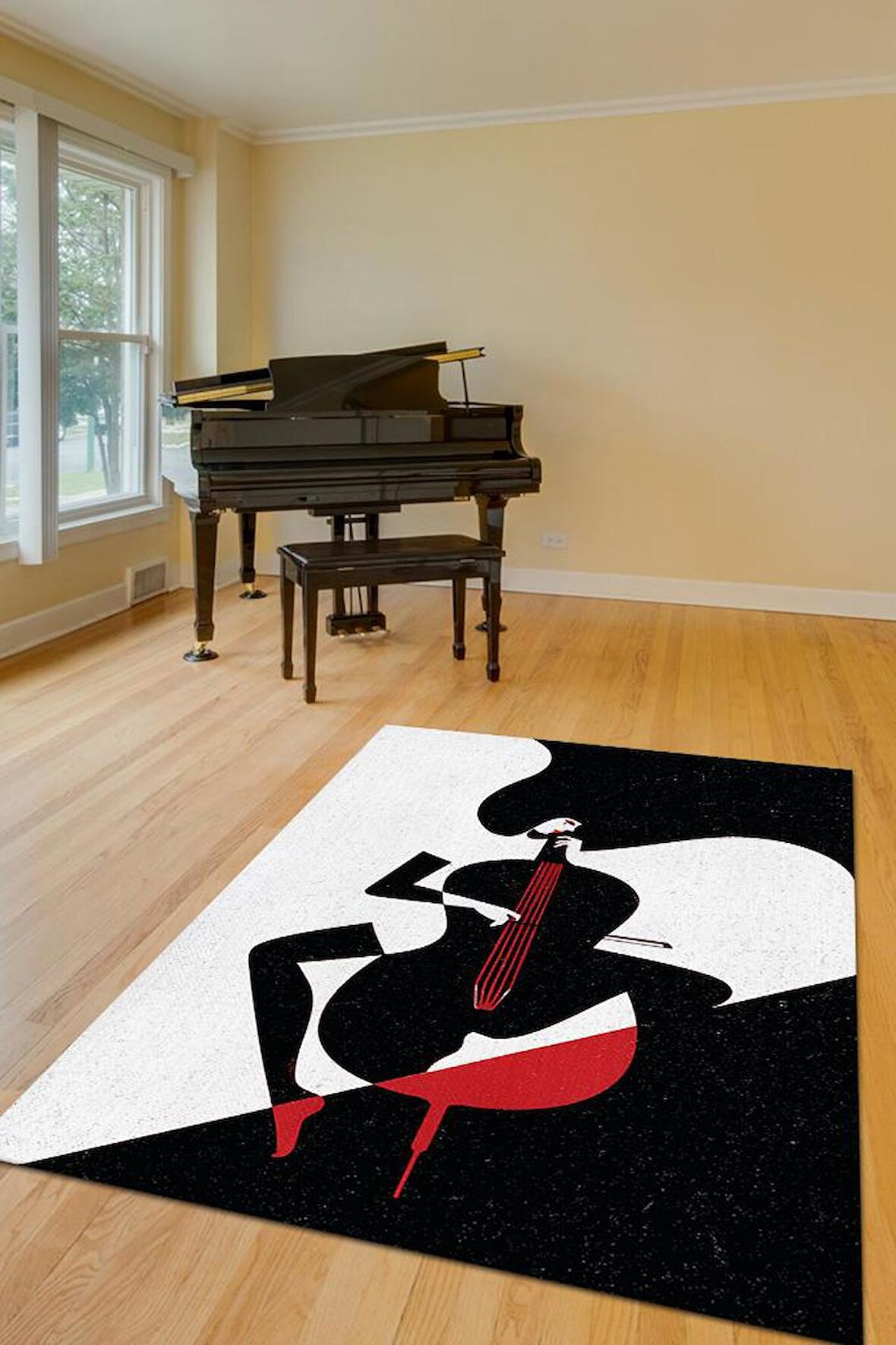 Homshtag Çello Çalan Kadın Pamuklu Dokuma Tabanlı Yıkanabilir Kaymaz Dekoratif Halı