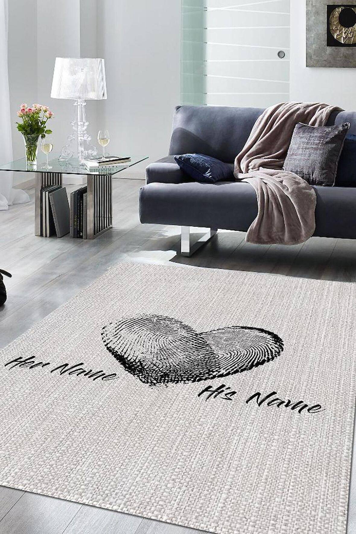 Homshtag Aşkın İzi Kişiye Özel Kişiselleştirilebilir Dokuma Tabanlı Yıkanabilir Dekoratif Ev Halısı
