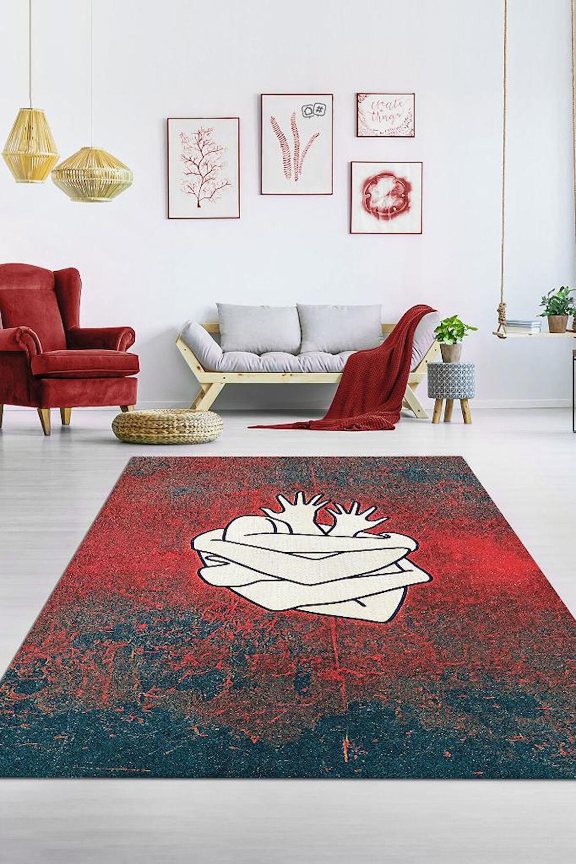 Homshtag Sarılan Kalpler Dokuma Tabanlı Yıkanabilir Dekoratif Ev Halısı