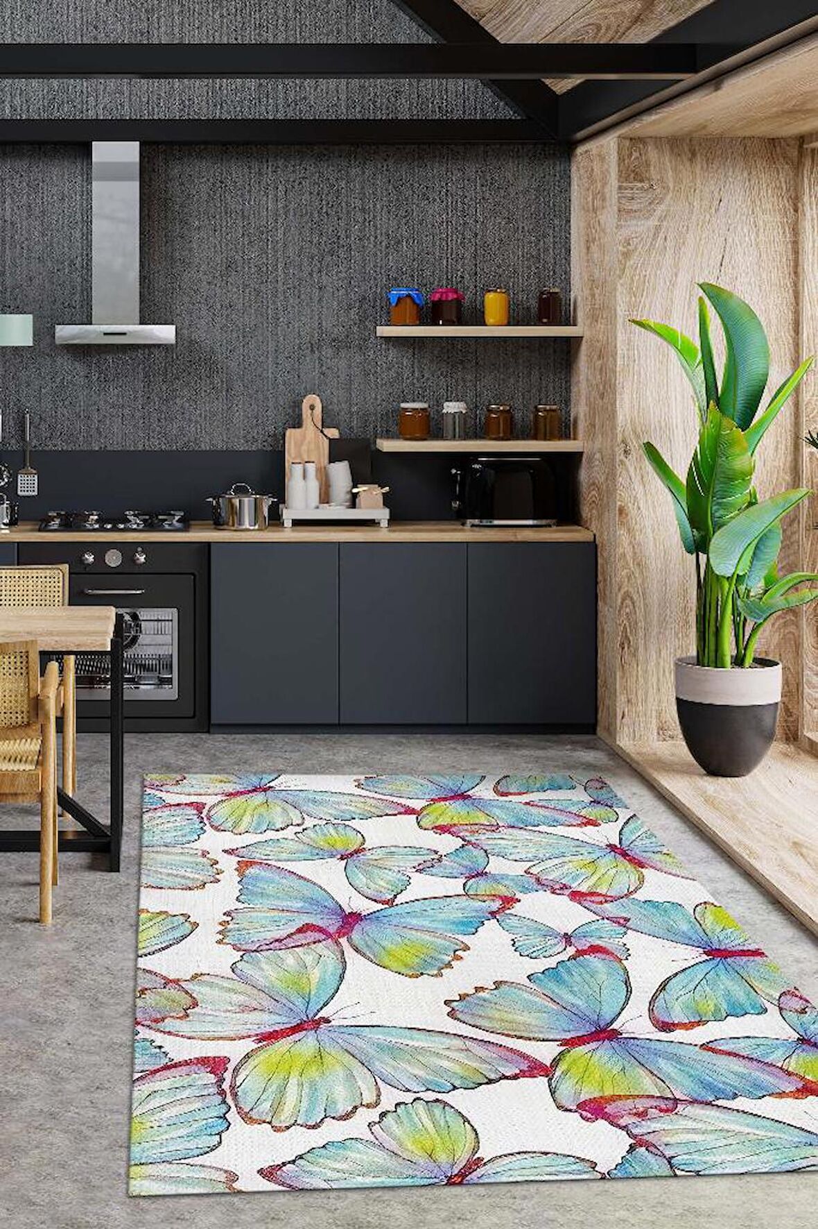 Homshtag Kelebekler Dokuma Tabanlı Yıkanabilir Dekoratif Halı