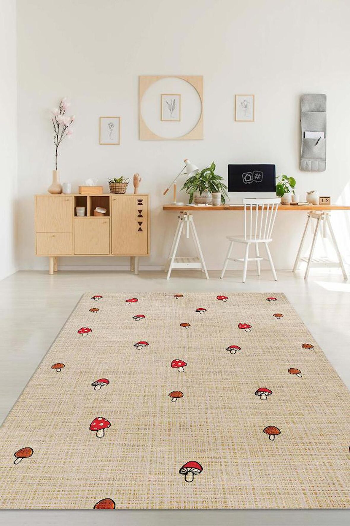 Homshtag Minimalist Mantarlar Dokuma Tabanlı Yıkanabilir Dekoratif Halı
