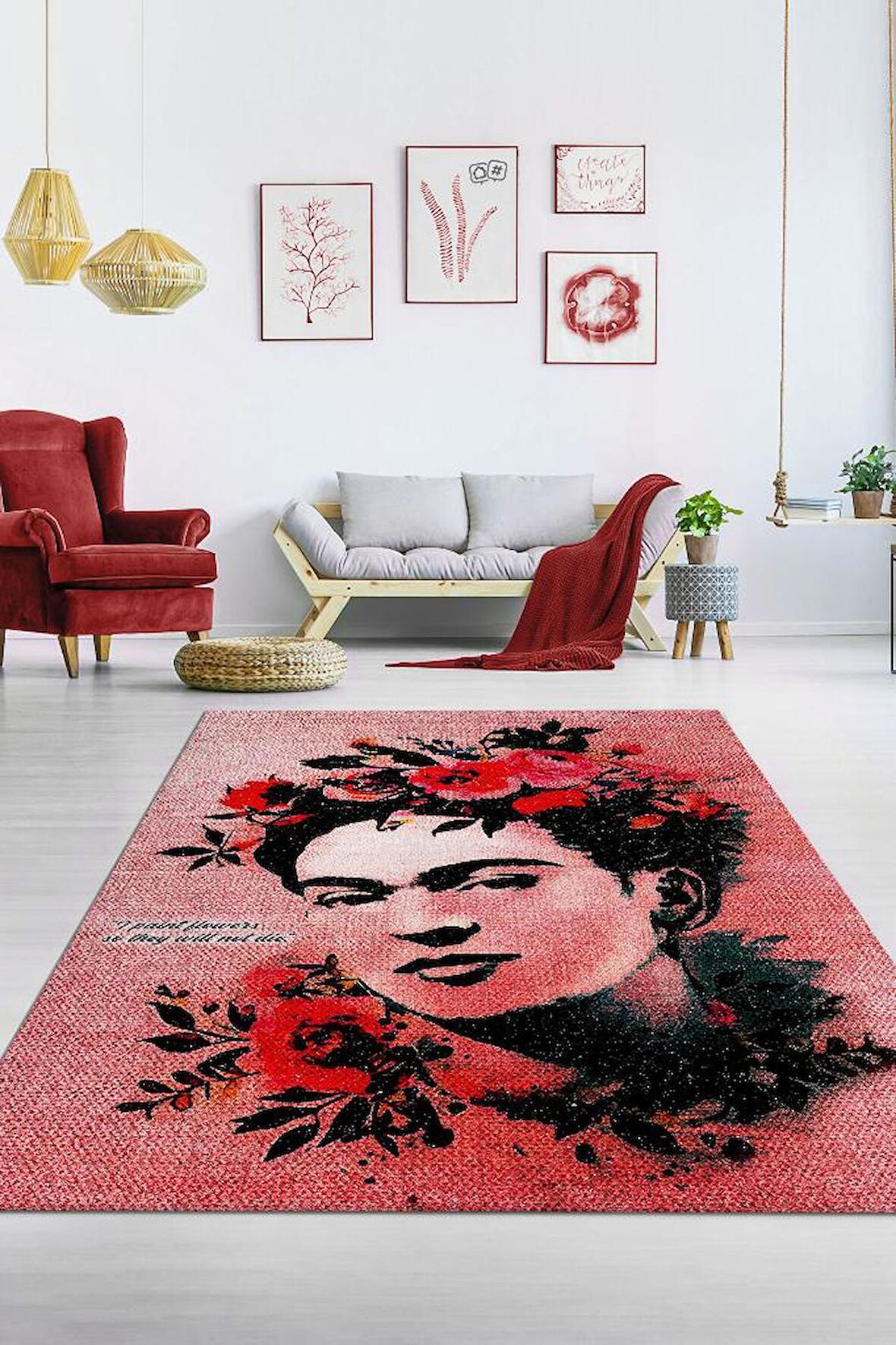 Homshtag Frida'nın Çiçekleri Dokuma Tabanlı Yıkanabilir Kaymaz Sanat Sever Halısı