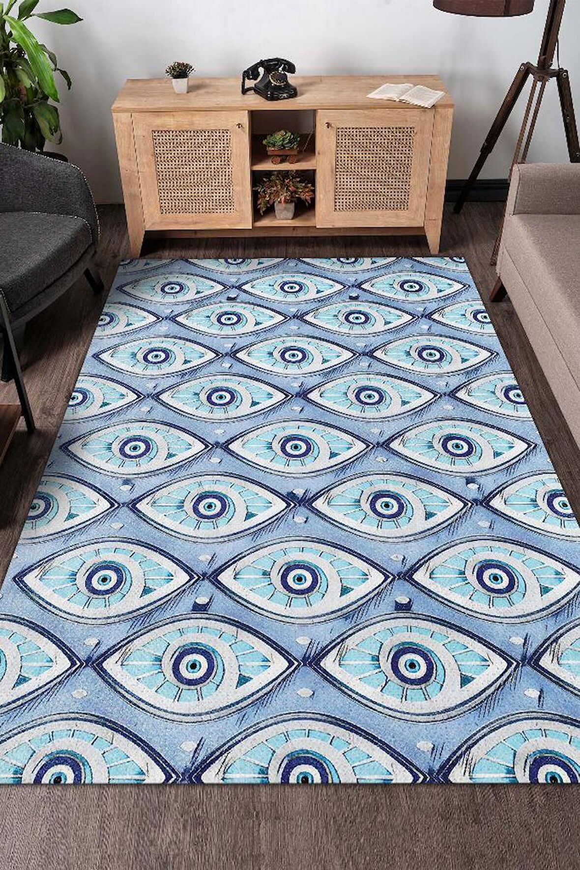 Homshtag Boncuklu Nazarlar Dokuma Tabanlı Yıkanabilir Dekoratif Halı