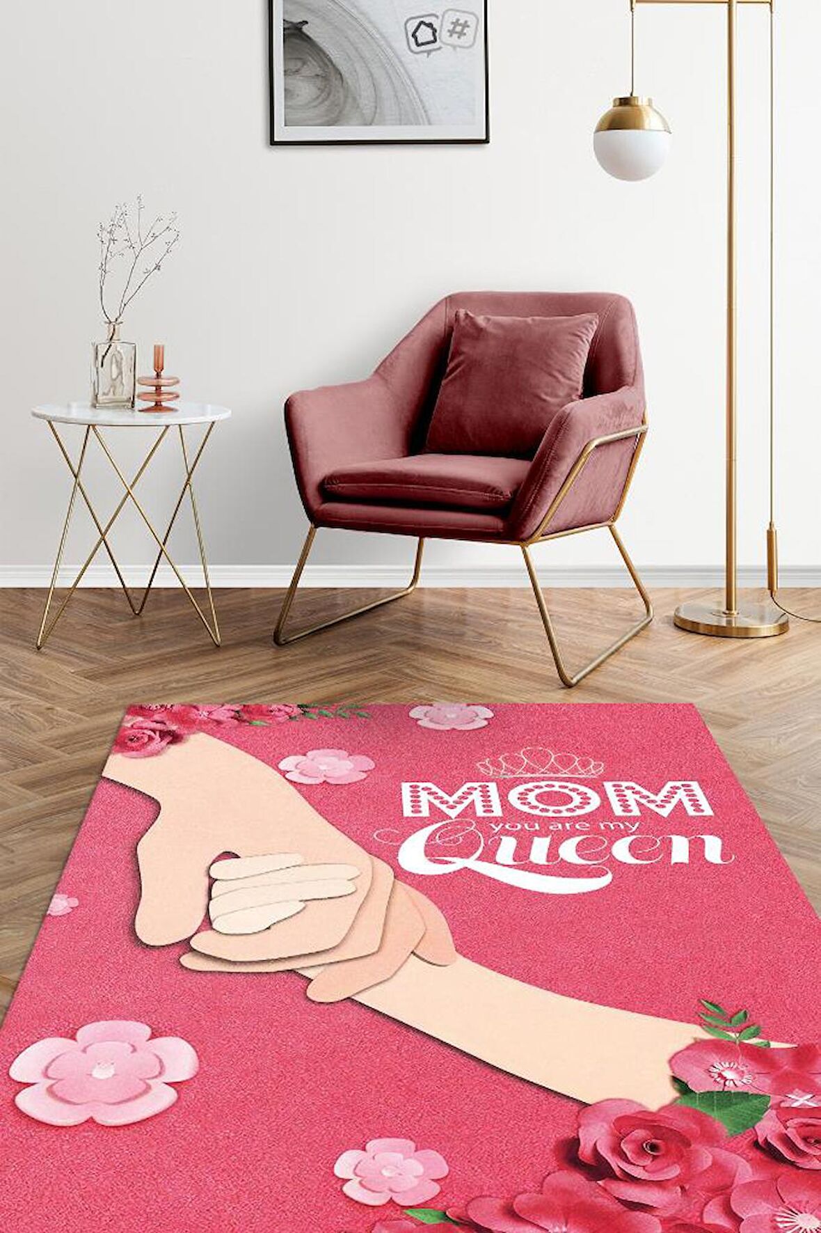 Homshtag Benim Annem Kraliçe Pamuklu Dokuma Tabanlı Yıkanabilir Dekoratif Halı