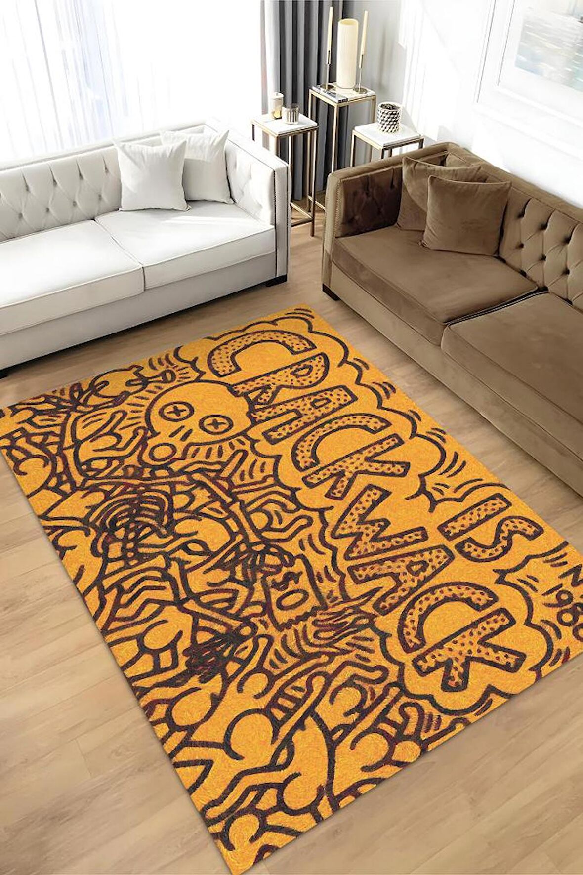 Homshtag Çatlak Dokuma Tabanlı Yıkanabilir Dekoratif Graffiti Halısı