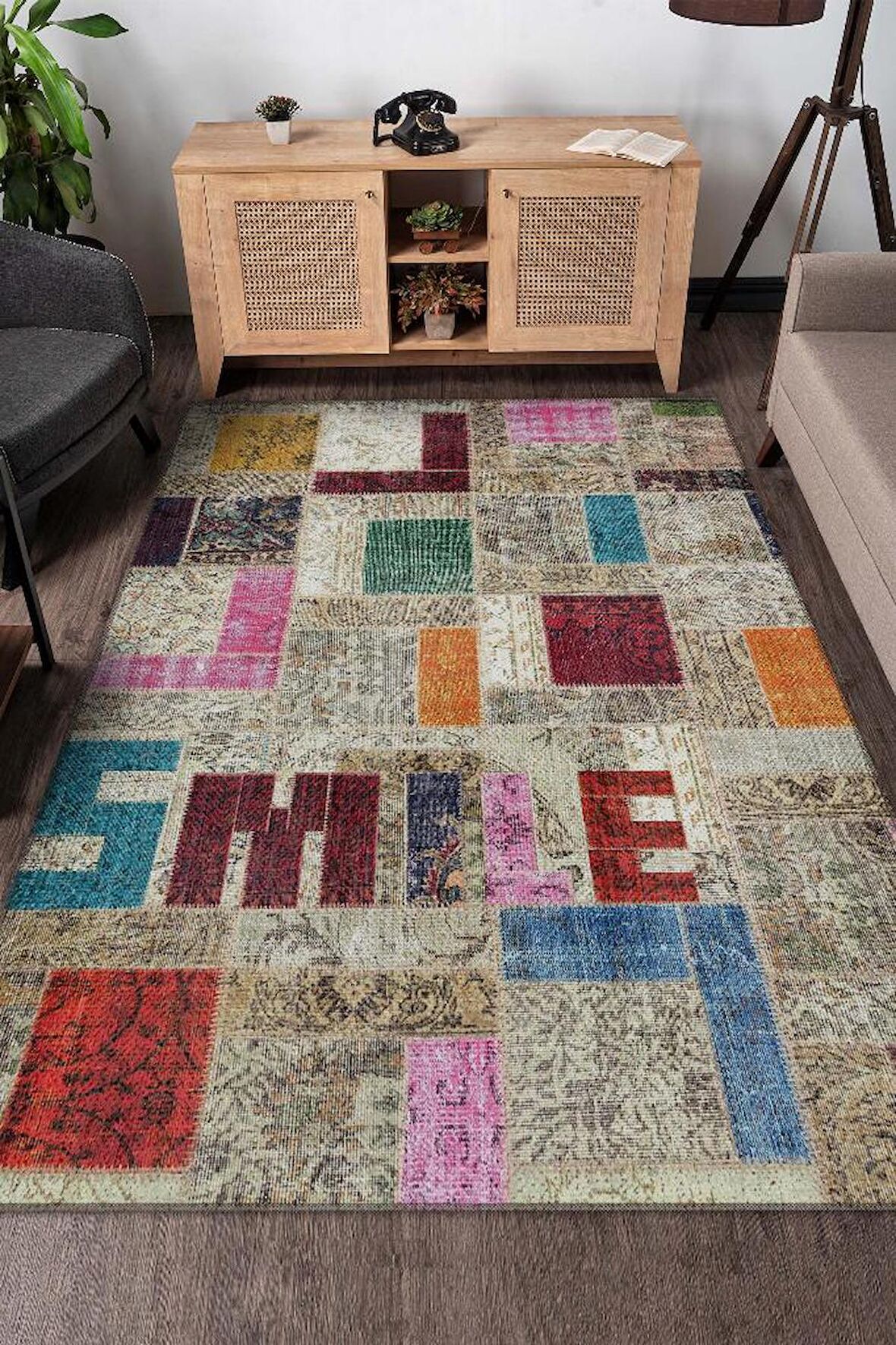 Homshtag Gülümse Pamuklu Dokuma Tabanlı Yıkanabilir Kaymaz Dekoratif Ev Halısı