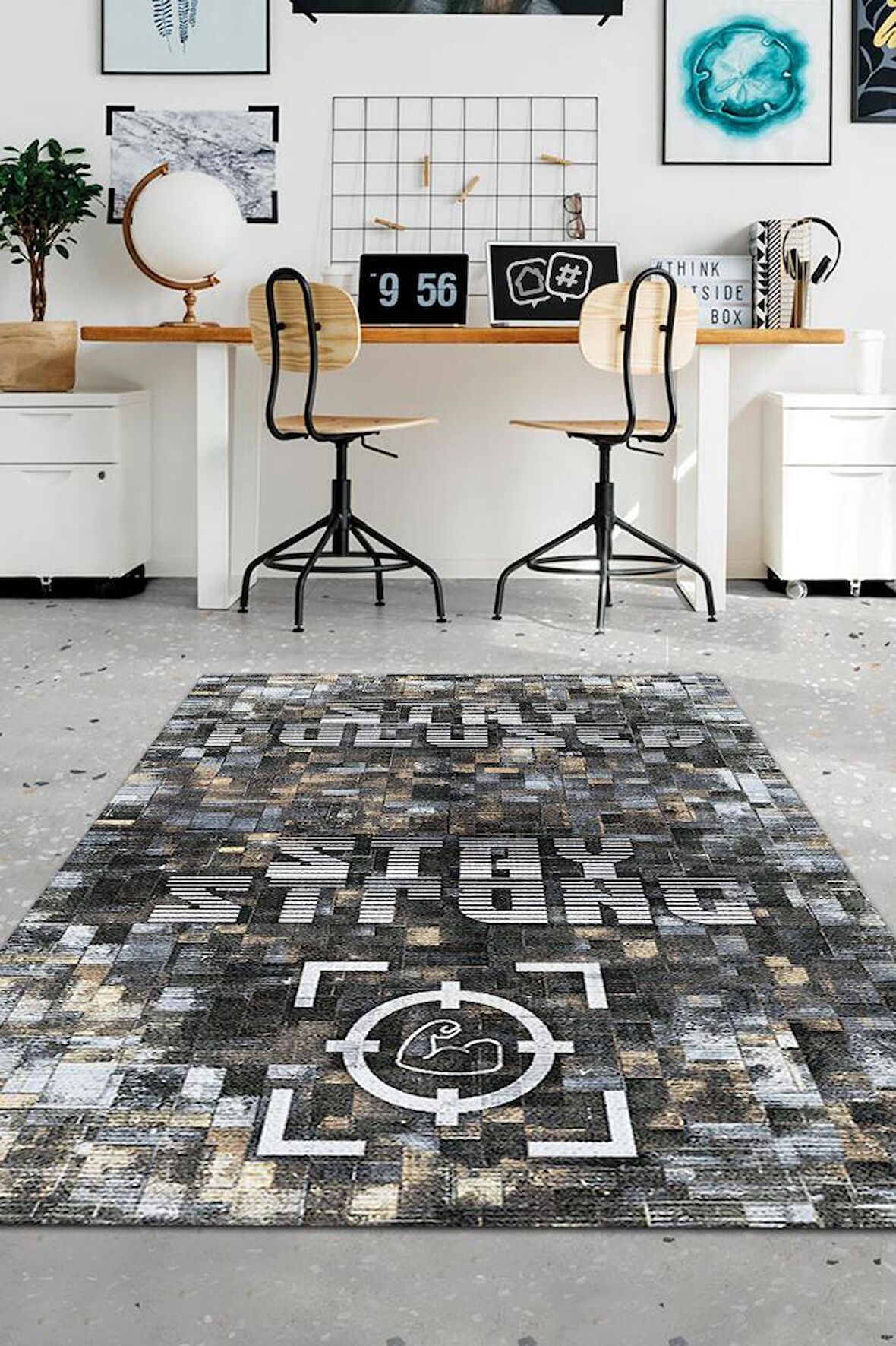 Homshtag Odaklan Ve Güçlen Pamuklu Dokuma Tabanlı Yıkanabilir Dekoratif Home Office Halısı