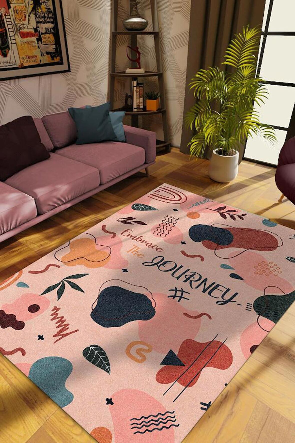 Homshtag Yolculuk Pamuklu Dokuma Tabanlı Yıkanabilir Kaymaz Dekoratif Ev Halısı