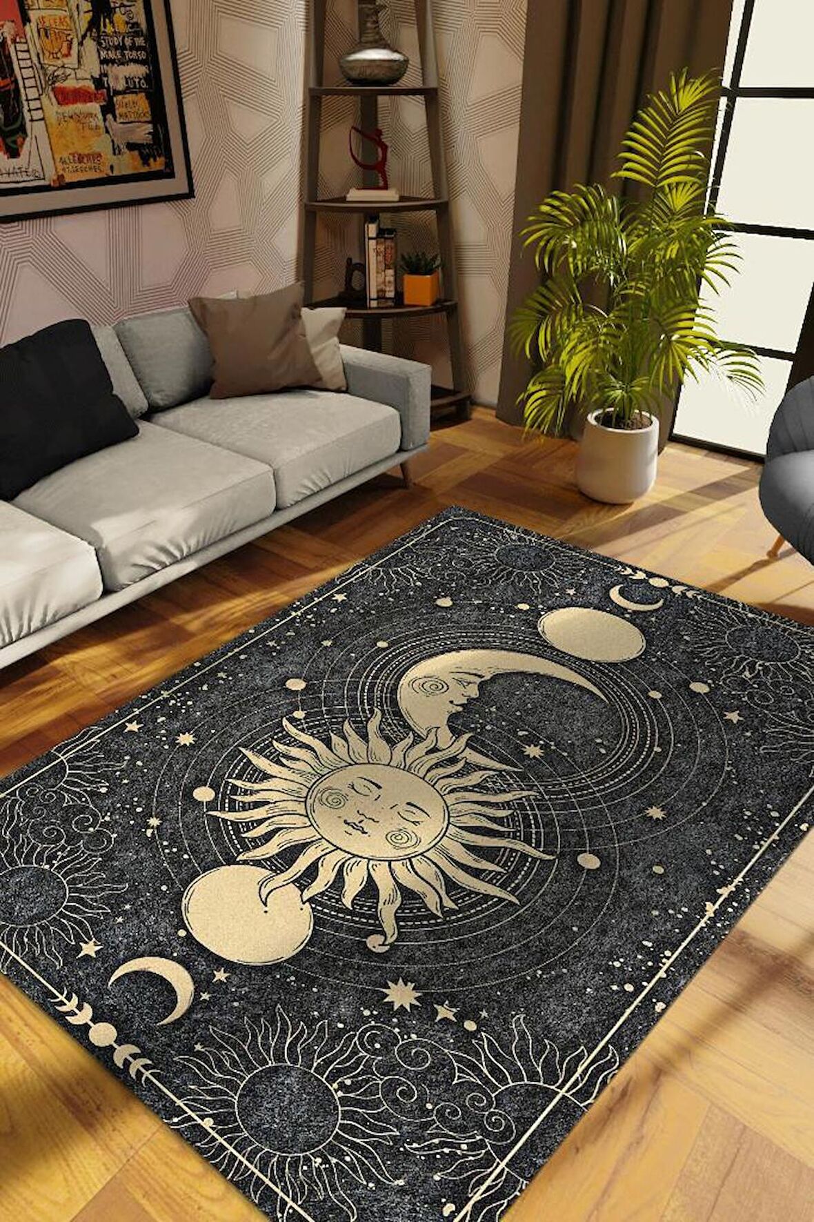 Homshtag Ay ve Güneş Pamuklu Dokuma Tabanlı Yıkanabilir Kaymaz Dekoratif Halı