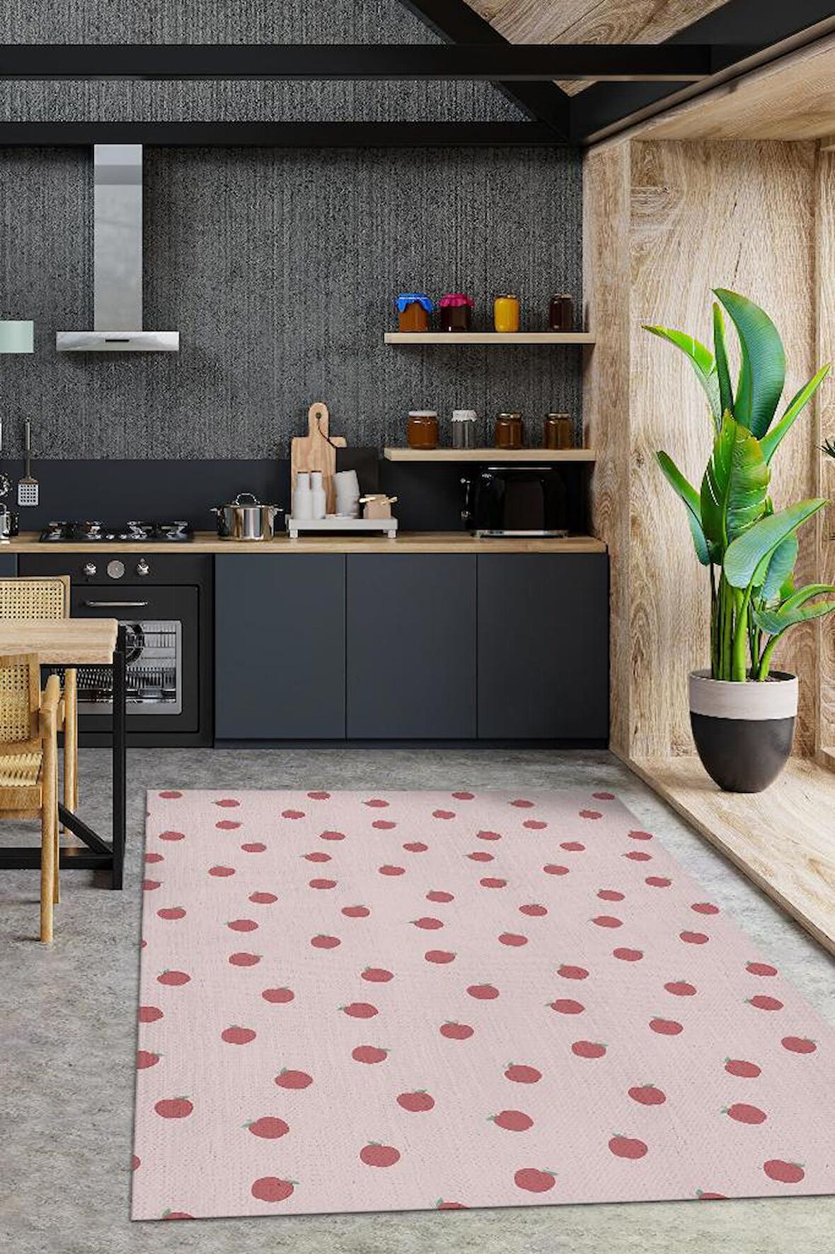 Homshtag Elma Desenli Dokuma Tabanlı Yıkanabilir Dekoratif Ev Halısı