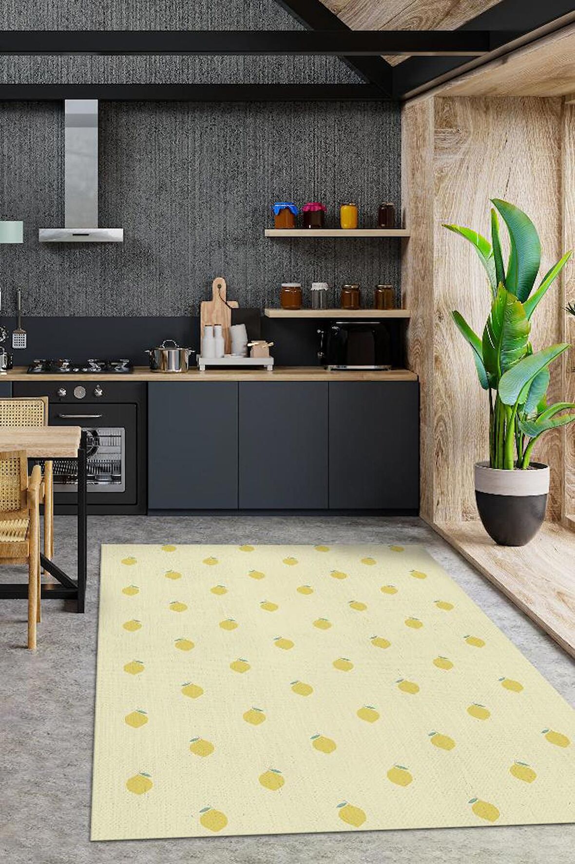 Homshtag Limon Desenli Dokuma Tabanlı Yıkanabilir Dekoratif Ev Halısı