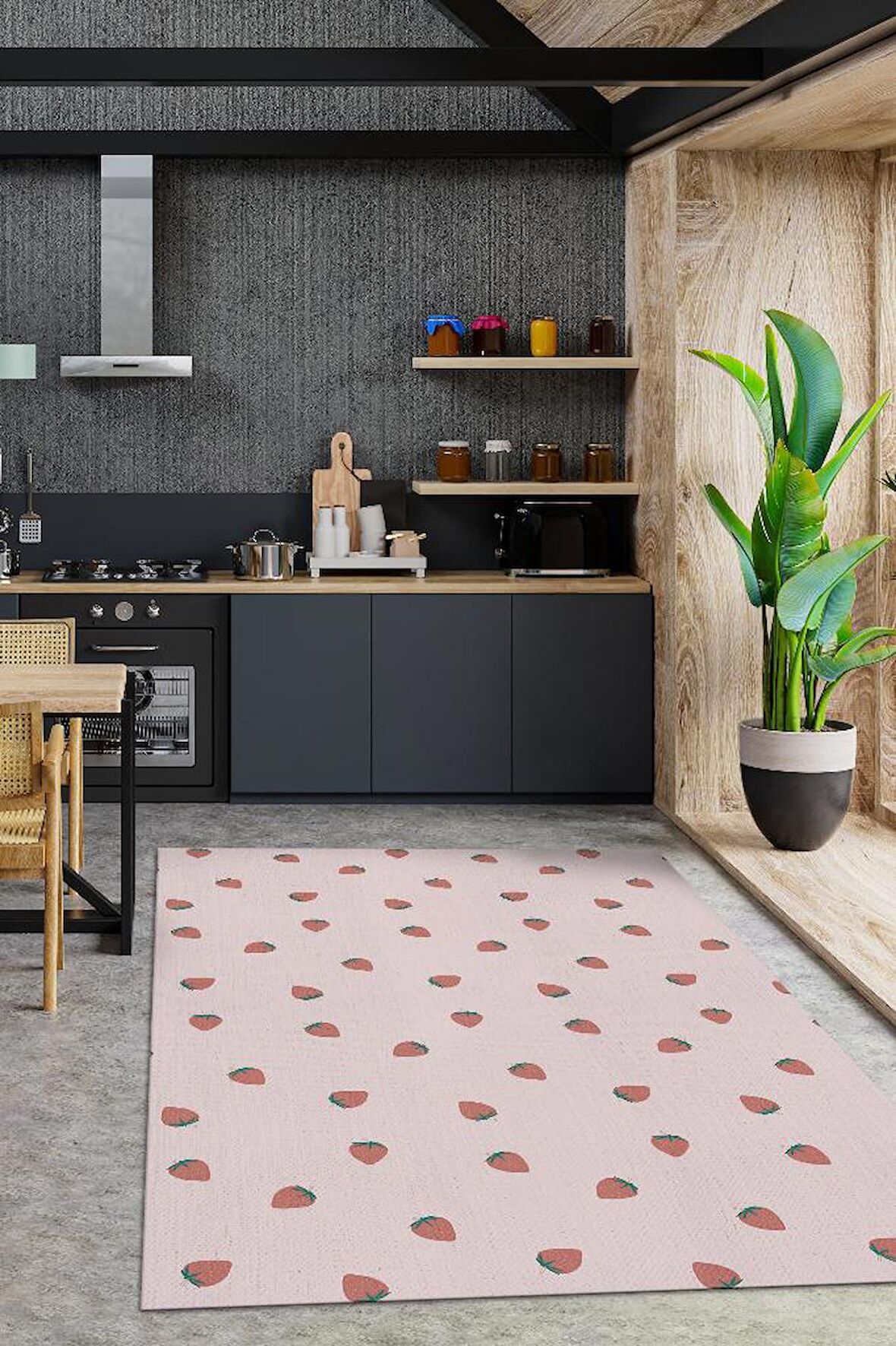 Homshtag Çilek Desenli Dokuma Tabanlı Yıkanabilir Dekoratif Ev Halısı