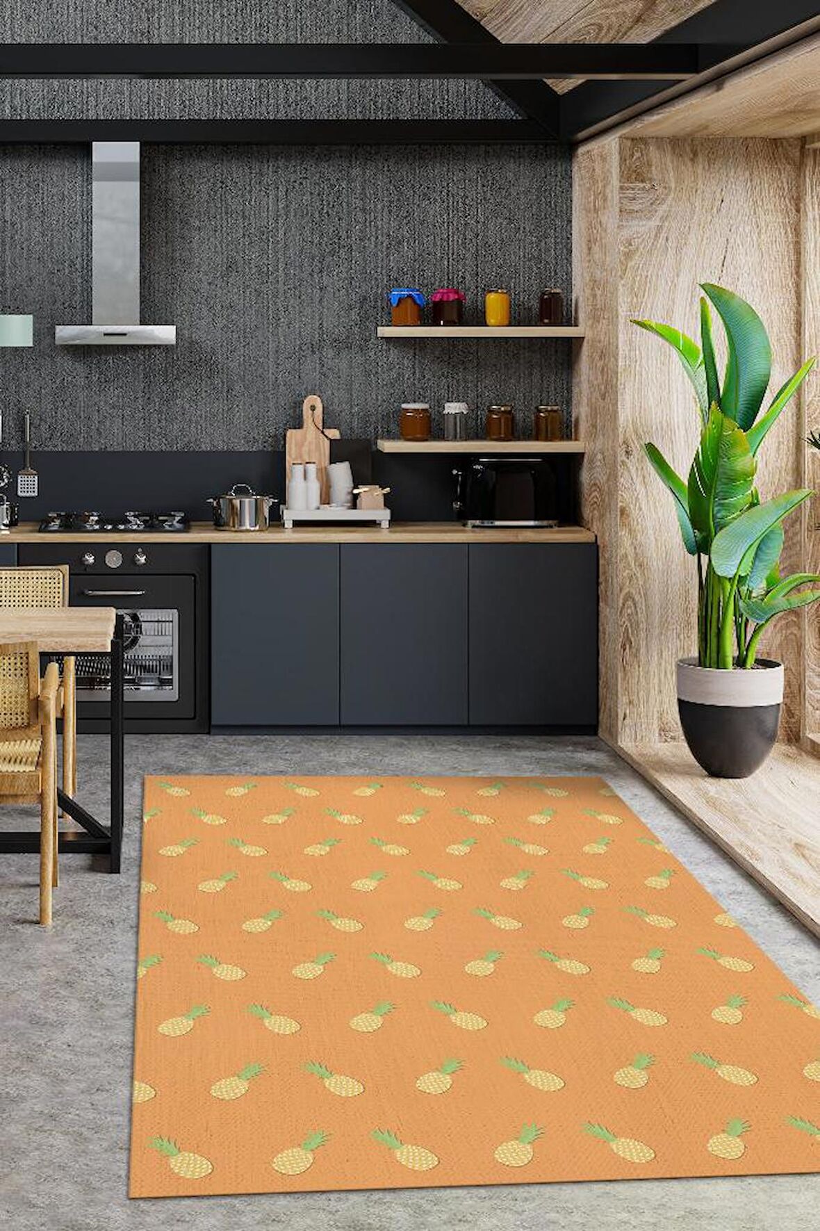 Homshtag Ananas Desenli Dokuma Tabanlı Yıkanabilir Dekoratif Ev Halısı