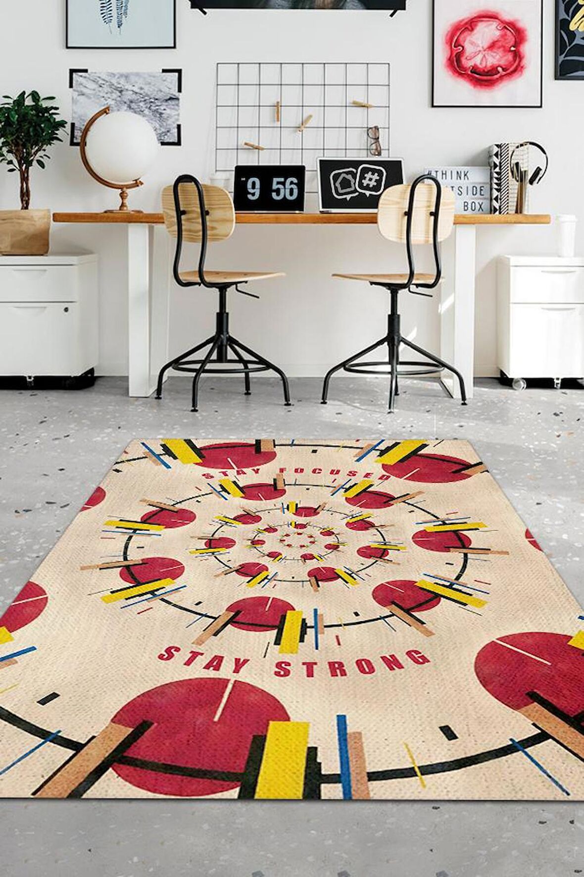 Homshtag Odaklı Kal, Sarı Kırmızı Geometrik Desenli Modern Çalışma Odası Halısı, Minimalist Genç Odası Halısı, Pamuklu Dokuma Tabanlı Yıkanabilir Dekoratif Halı, Renkli Modern Ofis Halısı