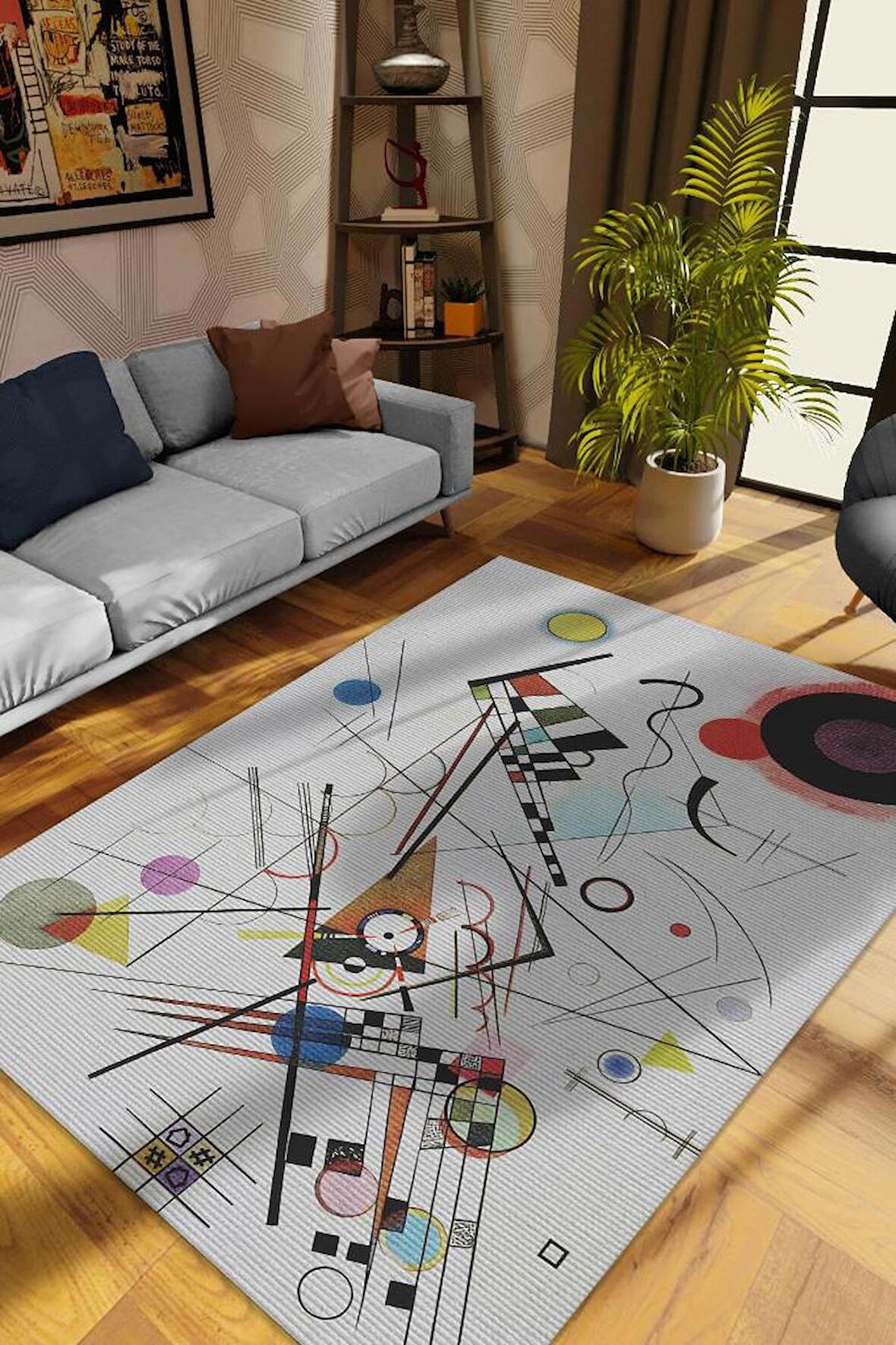 Homshtag Kompozisyon, Kandinsky Sanat Halısı, Geometrik Oturma Odası Halısı, Modern Oturma Odası Halısı, Sanat Atölyesi Halısı, Sanatseverler İçin, Pamuklu Dokuma Tabanlı Yıkanabilir Salon Halısı