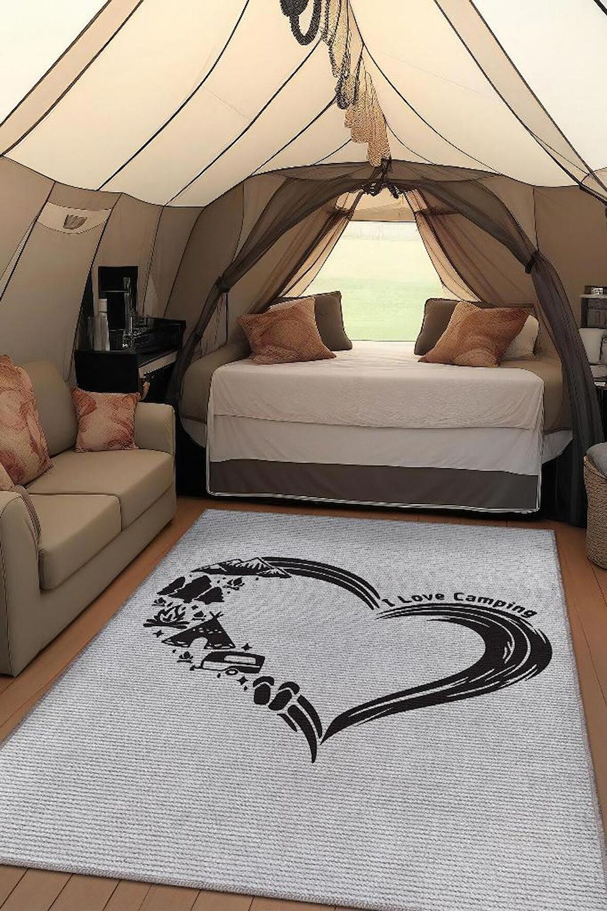 Homshtag I Love Camping Kamp Hayatı Desenli Beyaz Halı, Çadır Halısı, Karavan Halısı, Kampçı Halısı, Seyahat Temalı Halı, Pamuklu Dokuma Tabanlı Yıkanabilir Dekoratif Halı