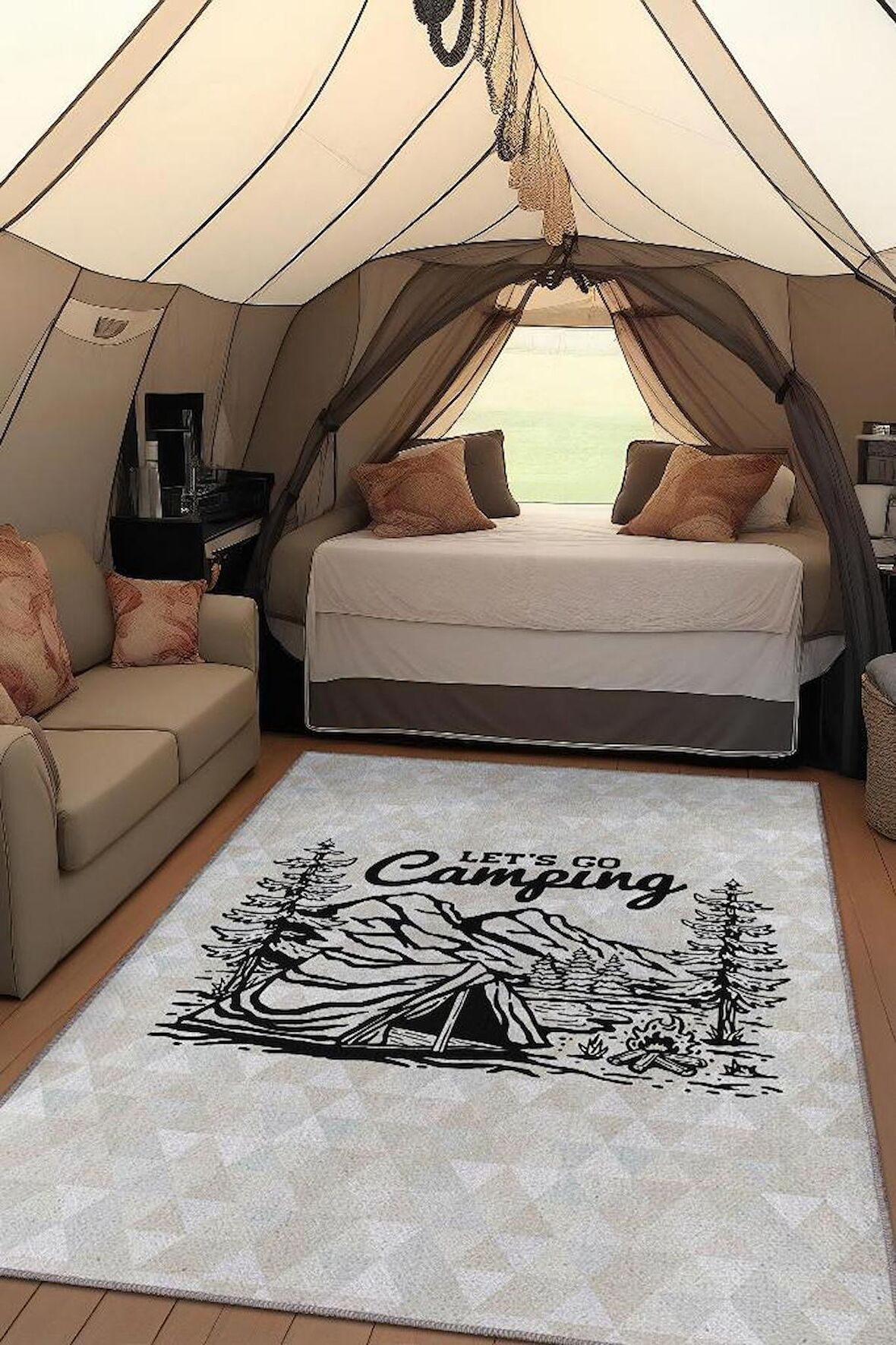 Homshtag Hadi Kamplayalım, Karavan Halısı, Geometrik Desenli Soft Renkli Halı, Çadır Halısı, Kampçı Halısı, Seyahat Temalı Halı, Pamuklu Dokuma Tabanlı Yıkanabilir Dekoratif Halı