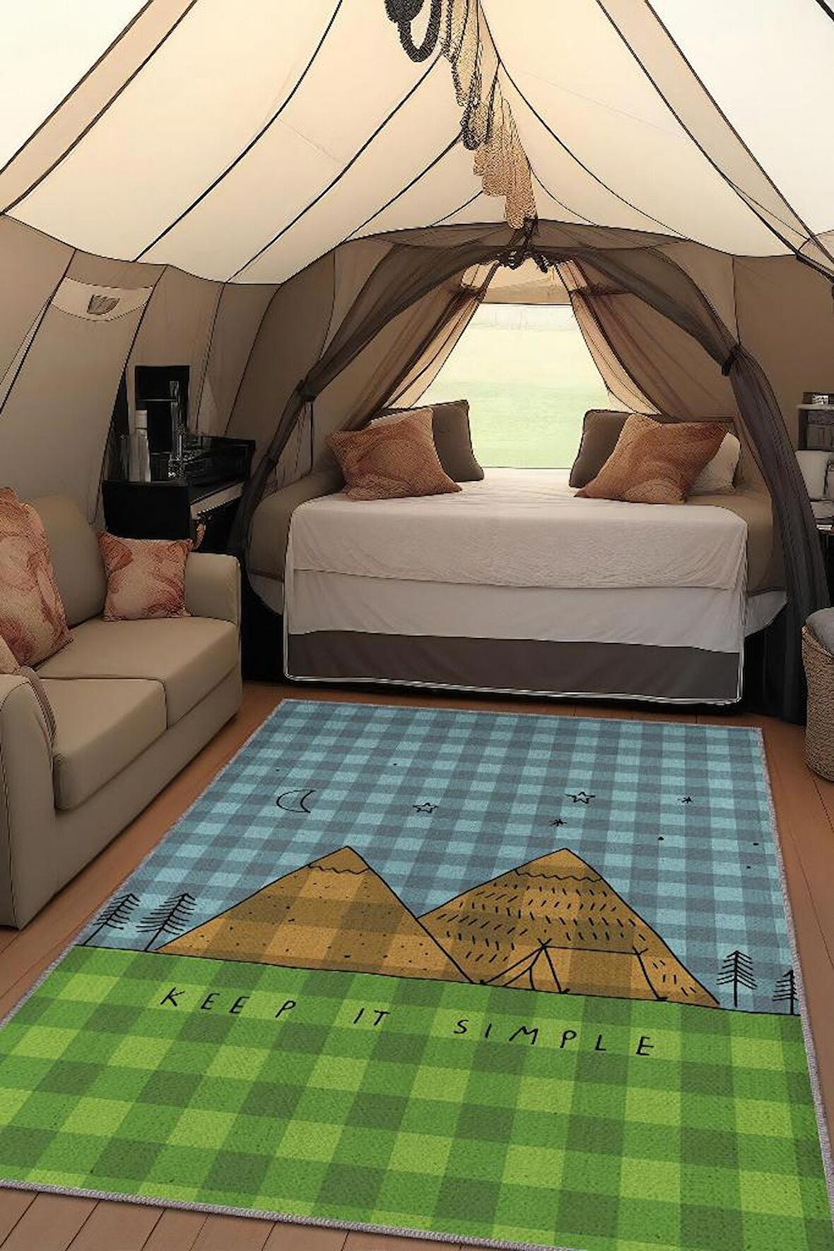 Homshtag Basit Yaşa, Karavan Halısı, Minimalist Seyahat Temalı Halı, Çadır Halısı, Kampçı Halısı, Seyahat Temalı Halı, Pamuklu Dokuma Tabanlı Yıkanabilir Dekoratif Halı