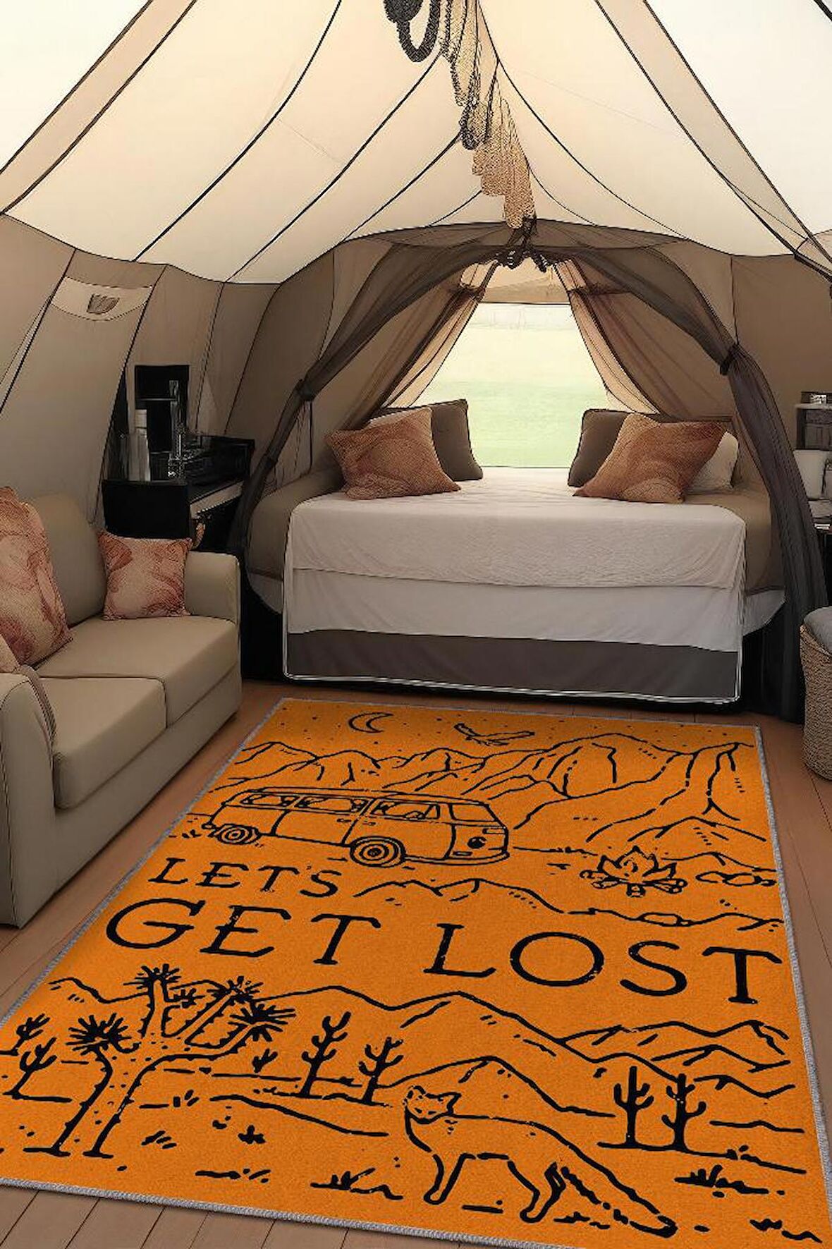 Homshtag Kaybolalım, Karavan Halısı, Seyahat Temalı Sarı Halı, Çadır Halısı, Kampçı Halısı, Seyahat Temalı Halı, Pamuklu Dokuma Tabanlı Yıkanabilir Dekoratif Halı