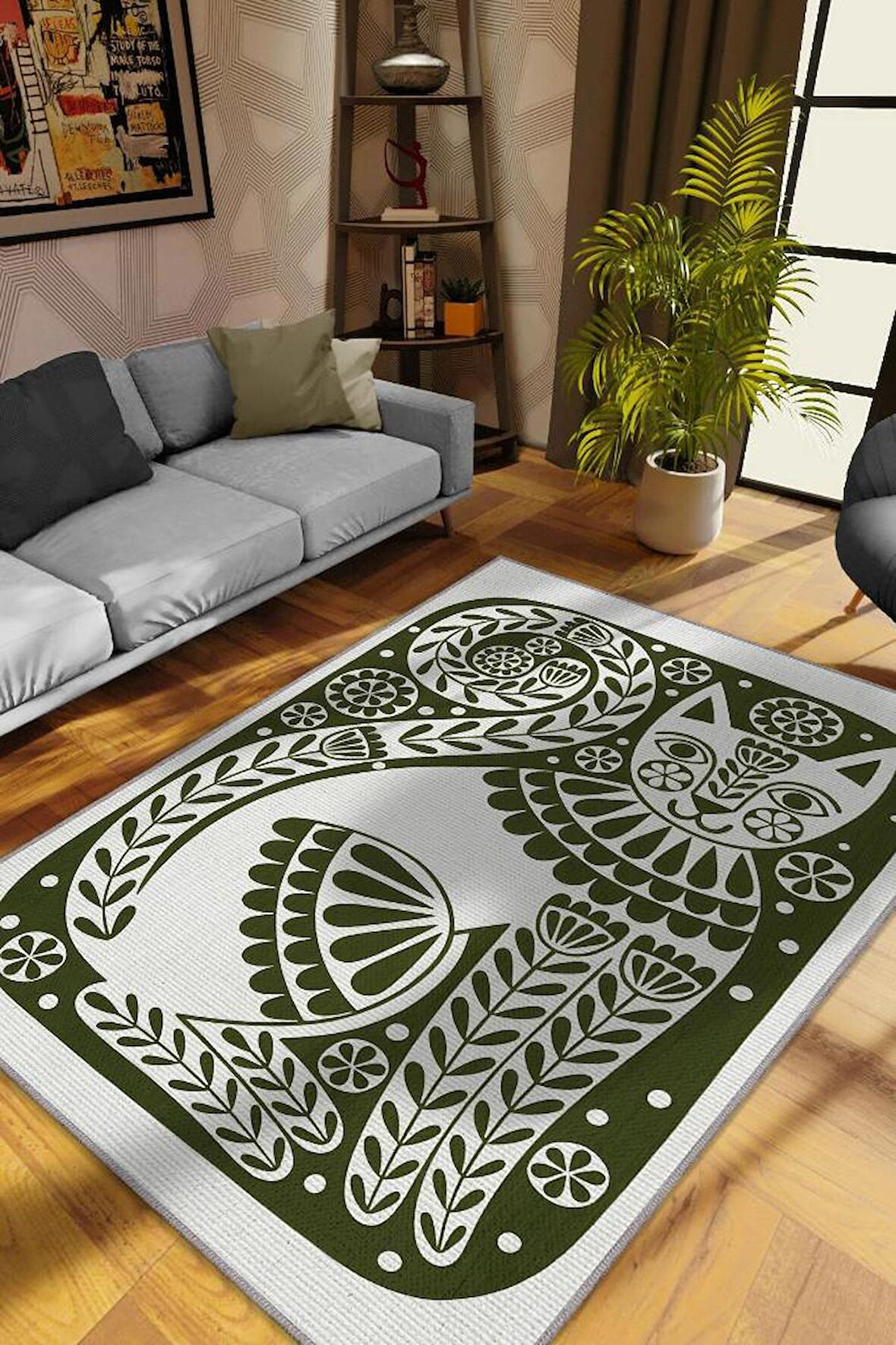 Homshtag Çinili Kedi, Yeşil Renkli Kedi Desenli Modern Oturma Odası Halısı, Minimalist Kedili Salon Halısı, Pamuklu Dokuma Tabanlı Yıkanabilir Dekoratif Bej Modern Halı Kedi Sever Halısı  
