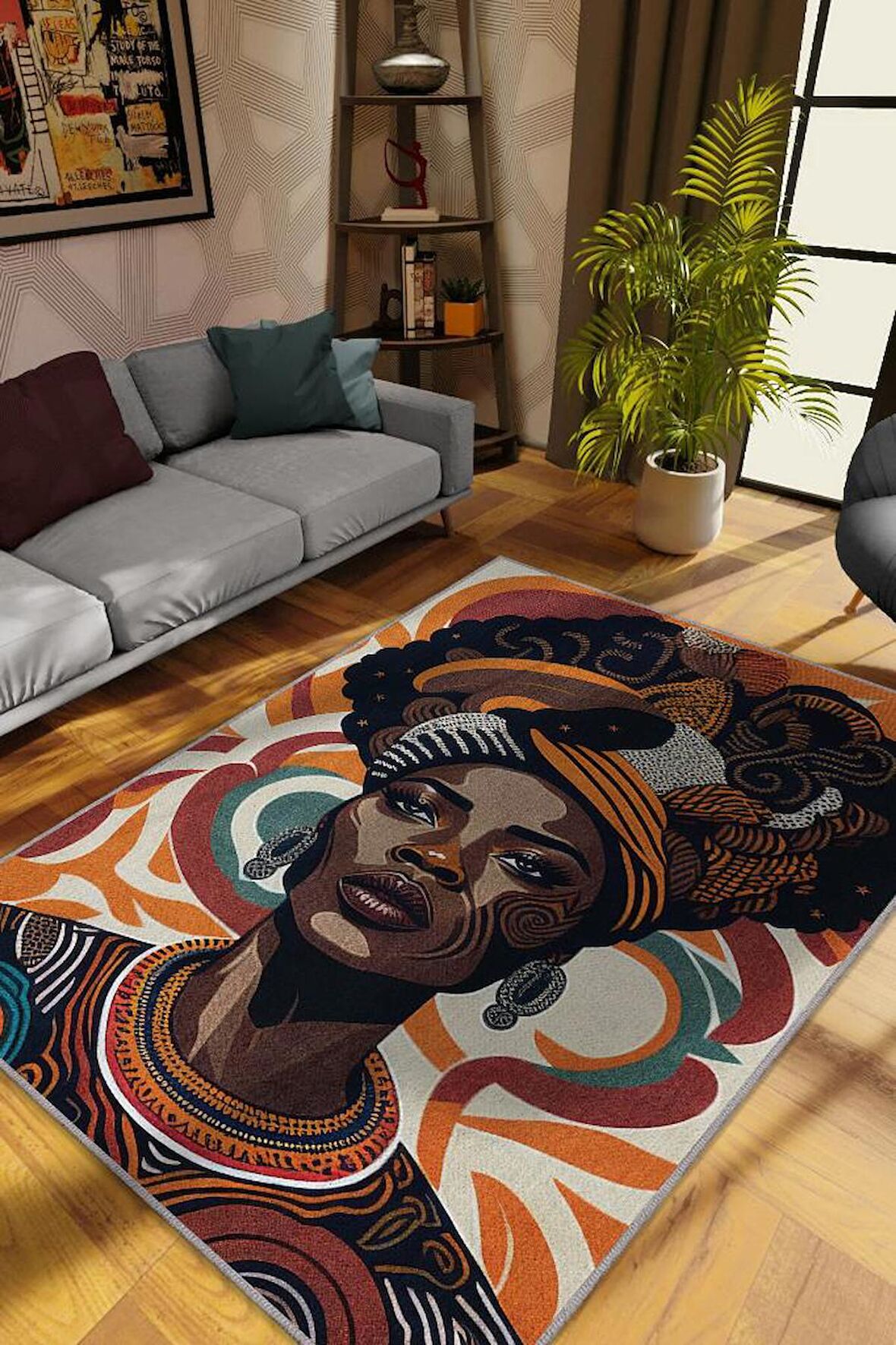 Homshtag Afrikalı Kadın,Renkli Dekoratif Etnik Halı,Kadın Figürlü Renkli Sanat Odası Halısı,Afrika Desensi Turuncu Halı