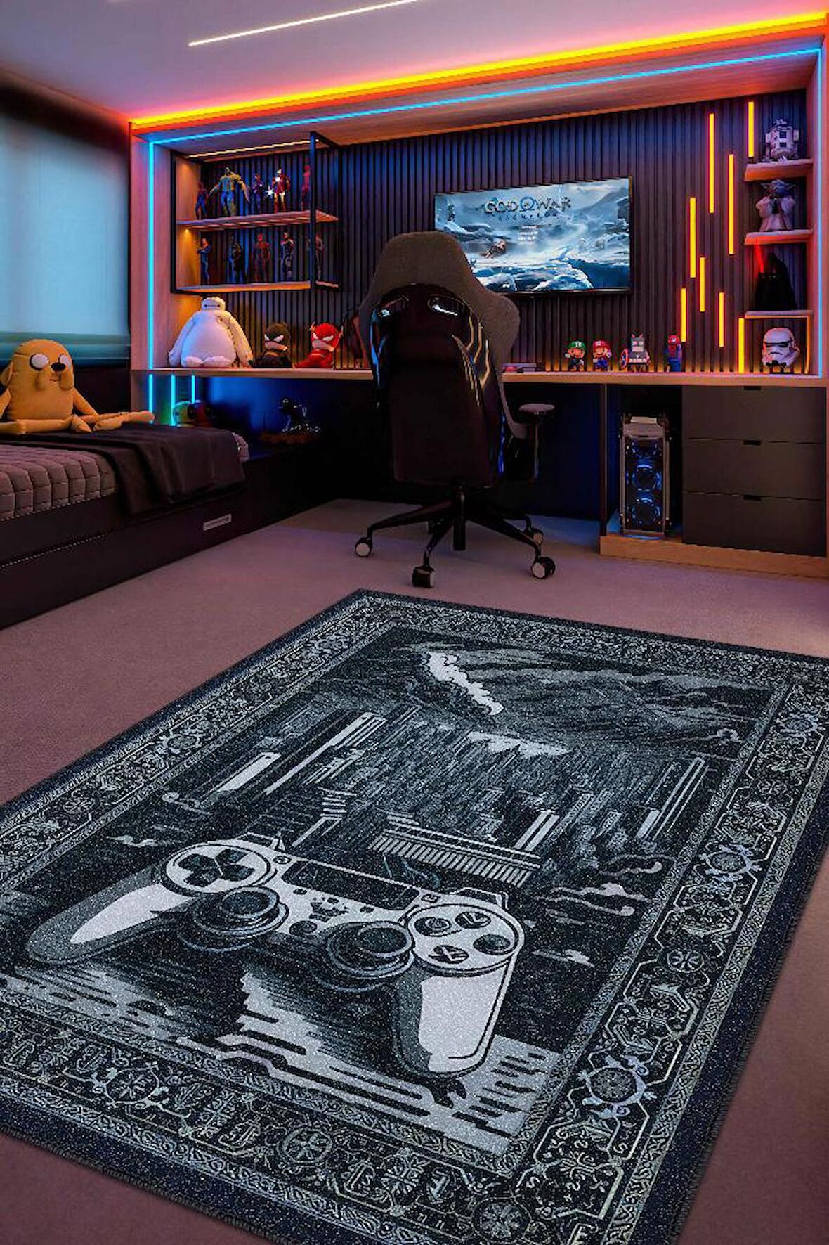 Homshtag Benzersiz Gamer Halısı,Lacivert Oyuncu Odası Halısı,Modern Vintage Oyun Konsolu Halısı Yıkanabilir Oyuncu Halı