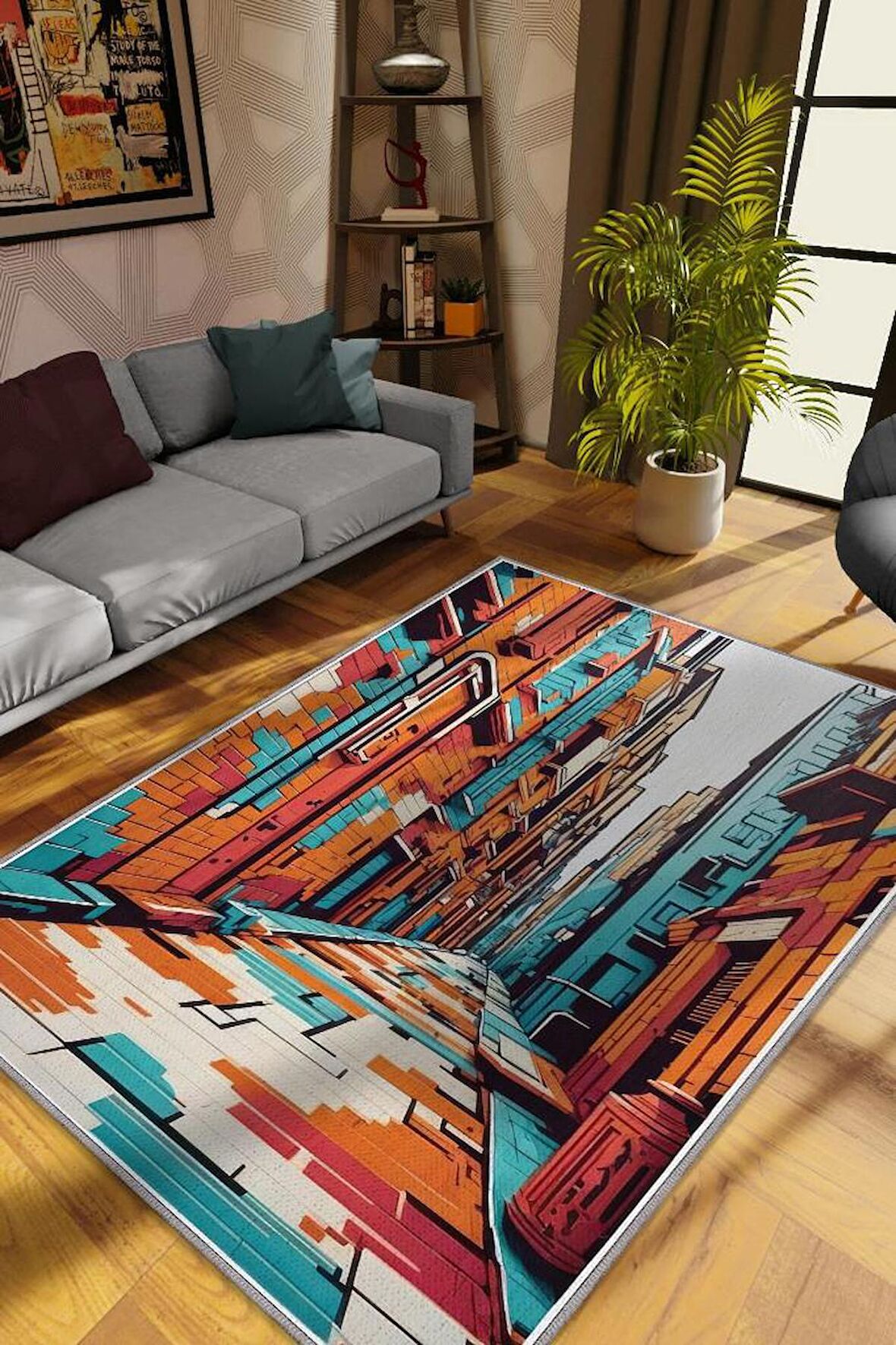 Homshtag Art Deco Sokak,Mavi Turuncu Beyaz Dekoratif Halı,Sokak Sanatı Temalı Graffiti Halısı,Renkli Genç Odası Halısı