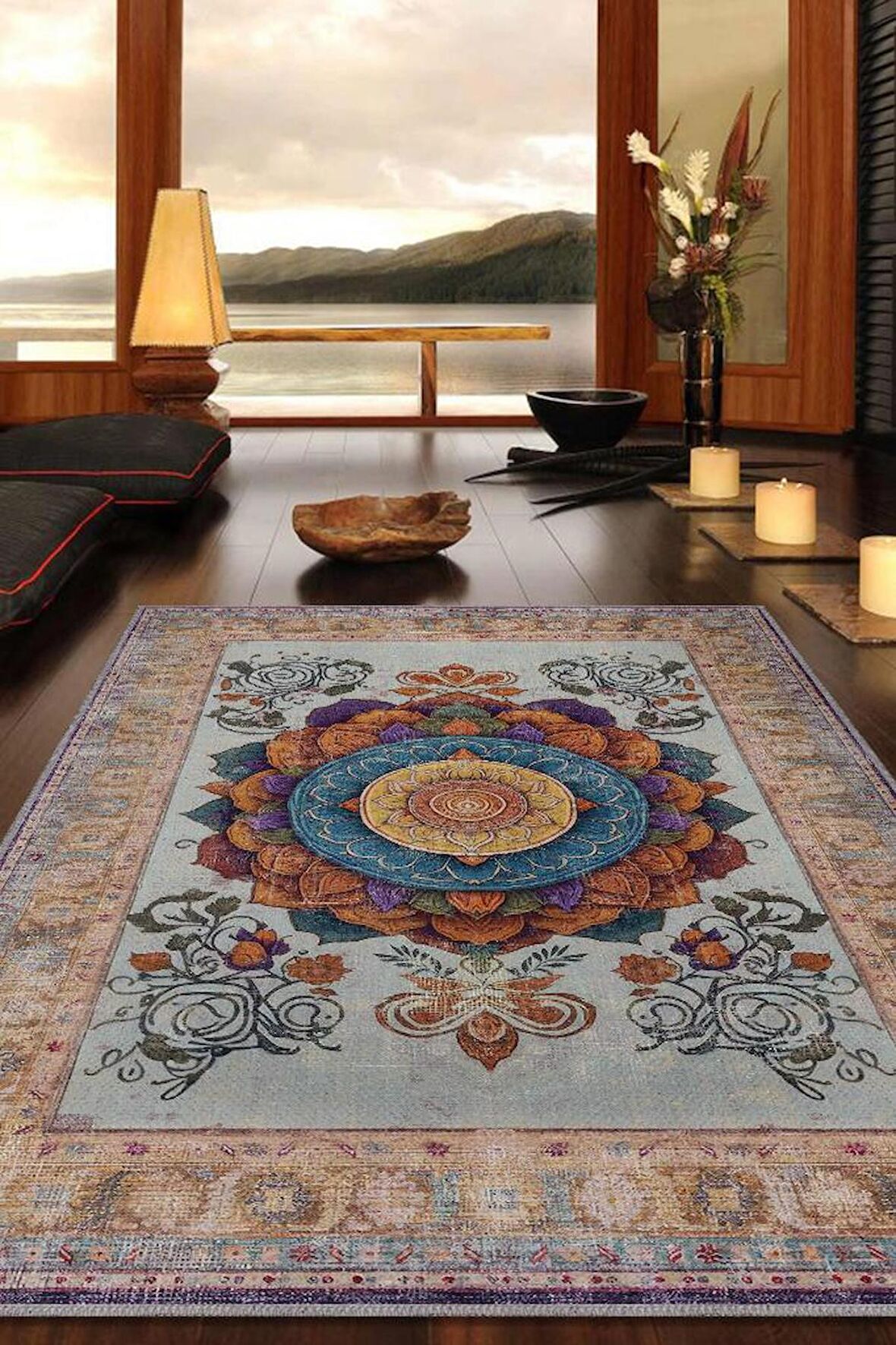 Homshtag Mandala Halısı,Meditasyon Temalı Renkli Halı,Madala Desenli Çiçekli Vintage Halı,Yoga Halısı,Sipiritüel Halı
