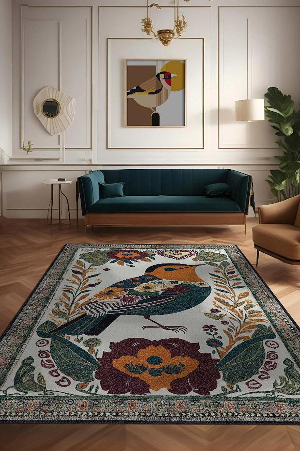 Homshtag Nuh'un Gemisi Koleksiyonu Kuş, Çiçek Desenli Art Deco Tarzı Vintage Halı,Çok Renkli Maksimalist Halı