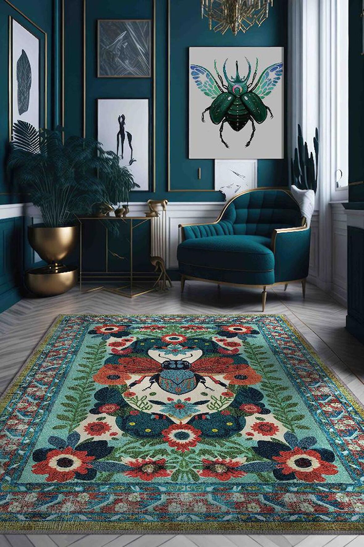 Homshtag Nuh'un Gemisi Koleksiyonu Sinek, Çiçek Desenli Art Deco Tarzı Vintage Halı,Çok Renkli Maksimalist Halı