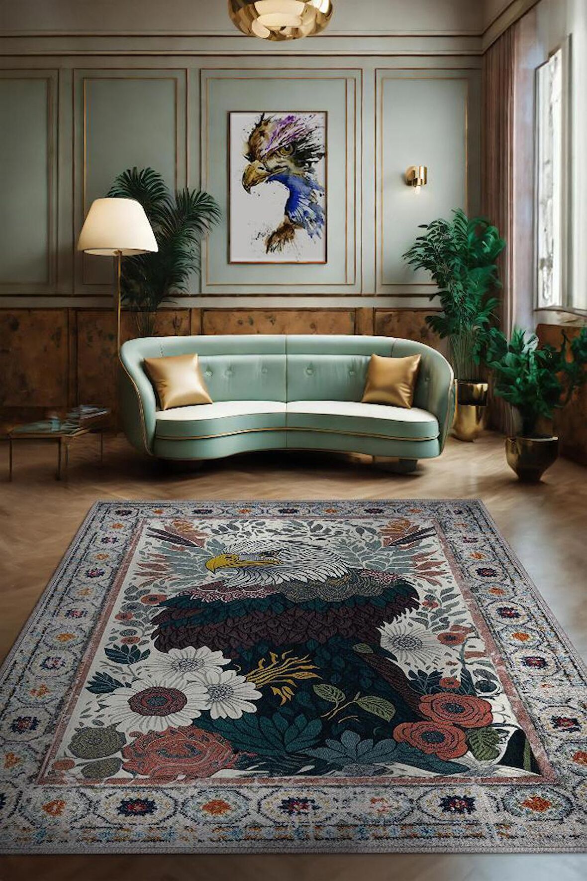 Homshtag Nuh'un Gemisi Koleksiyonu Kartal, Çiçek Desenli Art Deco Tarzı Vintage Halı,Çok Renkli Maksimalist Halı