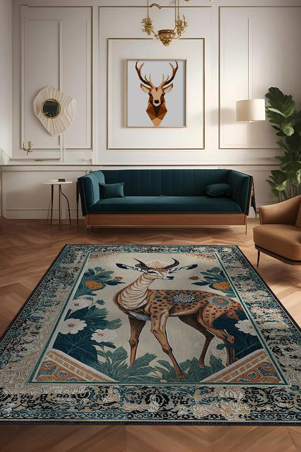 Homshtag Nuh'un Gemisi Koleksiyonu Ceylan, Çiçek Desenli Art Deco Tarzı Vintage Halı,Çok Renkli Maksimalist Halı