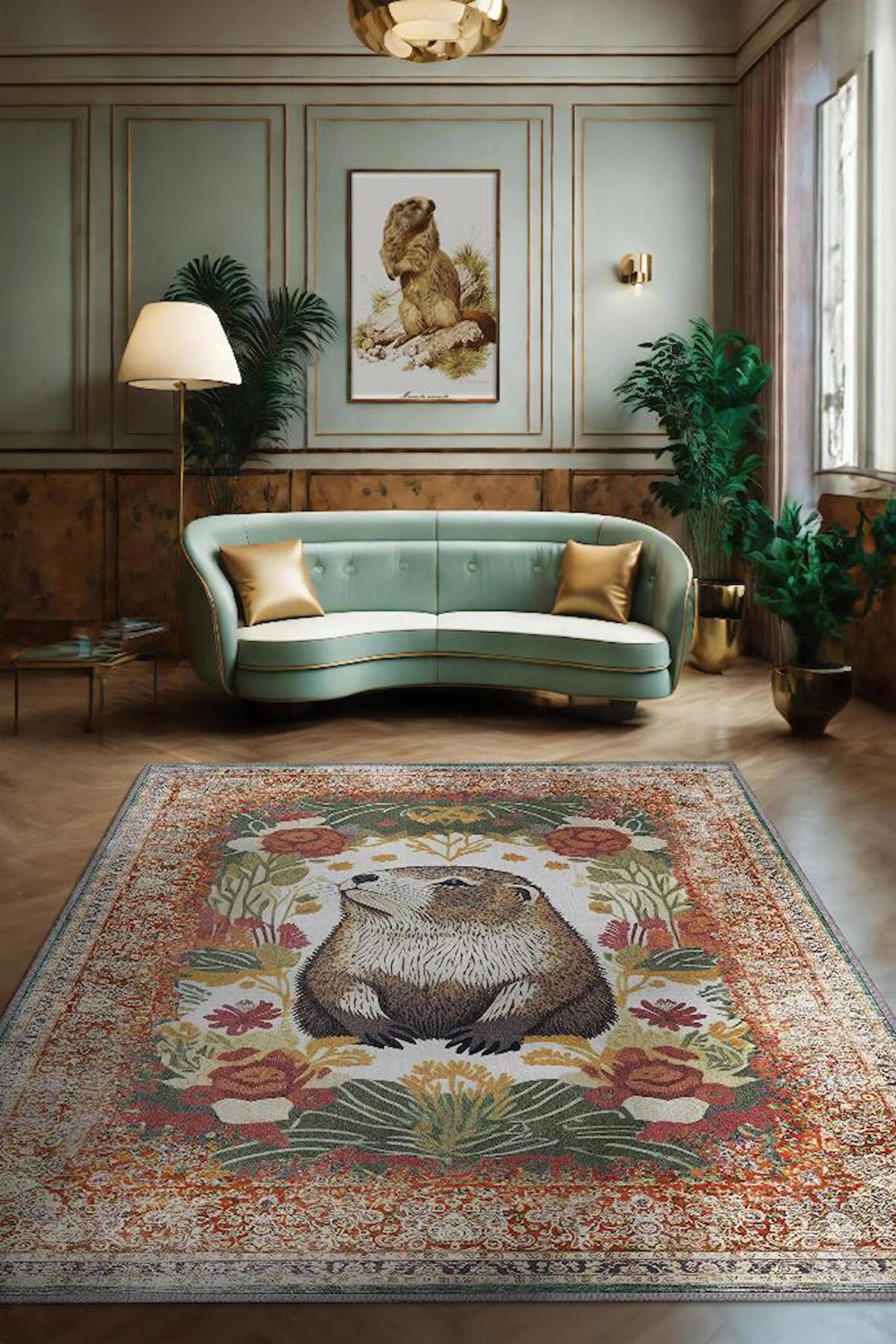 Homshtag Nuh'un Gemisi Koleksiyonu Su Samuru, Çiçek Desenli Art Deco Tarzı Vintage Halı,Çok Renkli Maksimalist Halı