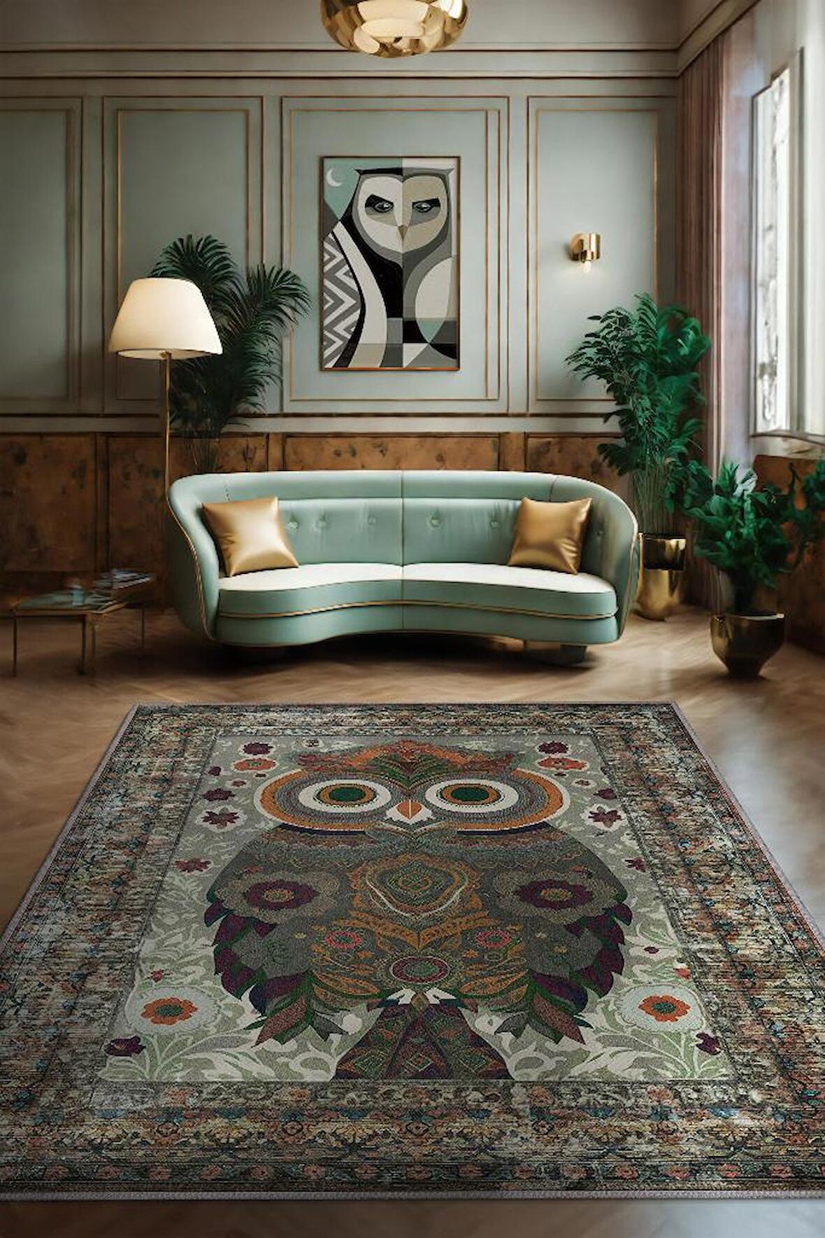 Homshtag Nuh'un Gemisi Koleksiyonu Baykuş, Çiçek Desenli Art Deco Tarzı Vintage Halı,Çok Renkli Maksimalist Halı