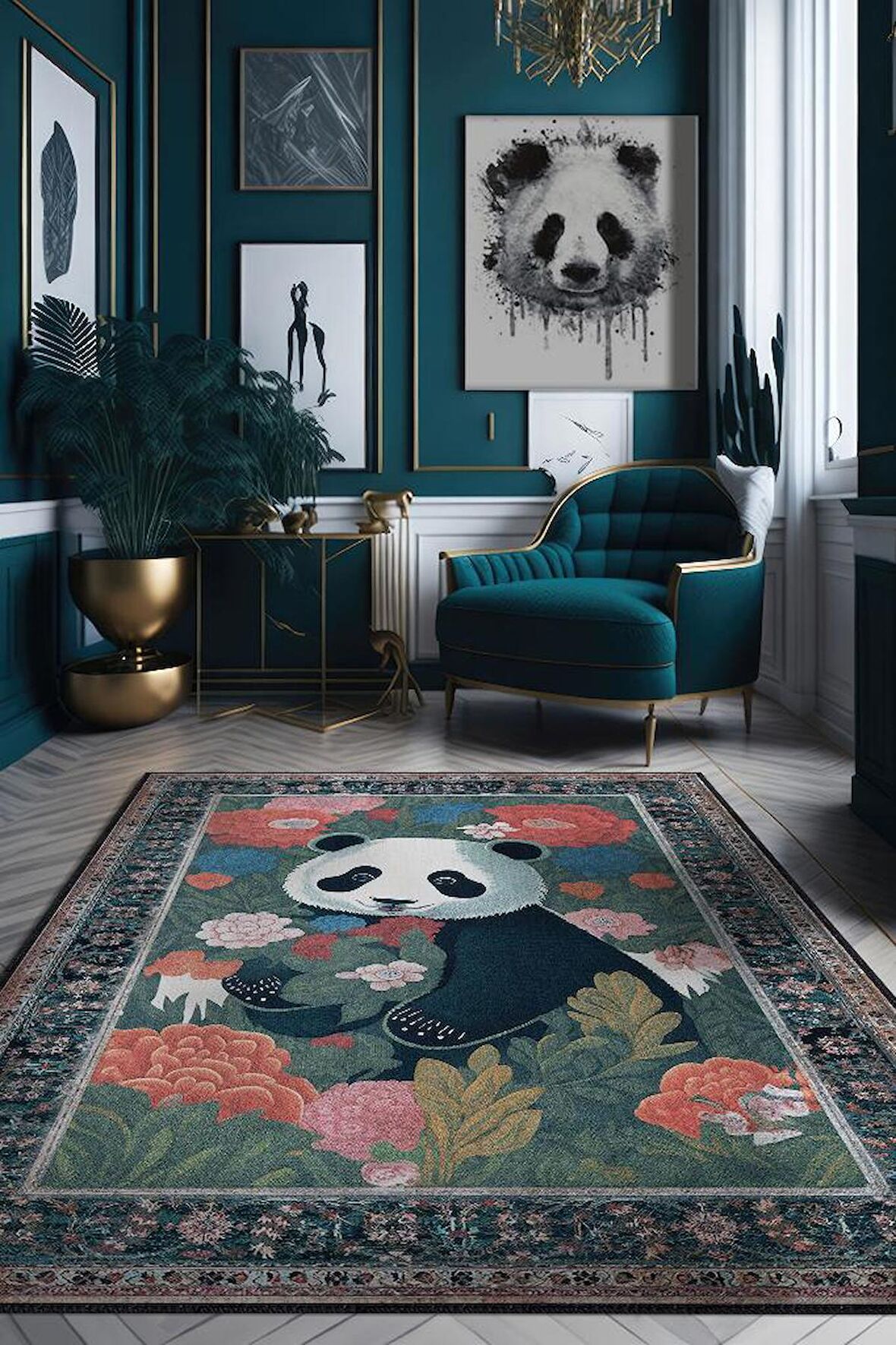 Homshtag Nuh'un Gemisi Koleksiyonu Panda, Çiçek Desenli Art Deco Tarzı Vintage Halı,Çok Renkli Maksimalist Halı