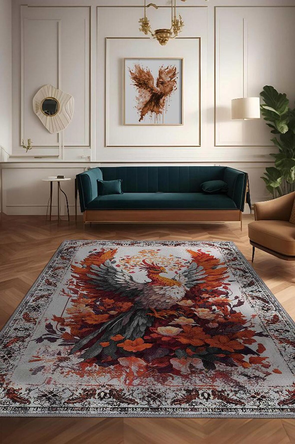 Homshtag Nuh'un Gemisi Koleksiyonu Anka Kuşu, Çiçek Desenli Art Deco Tarzı Vintage Halı,Çok Renkli Maksimalist Halı