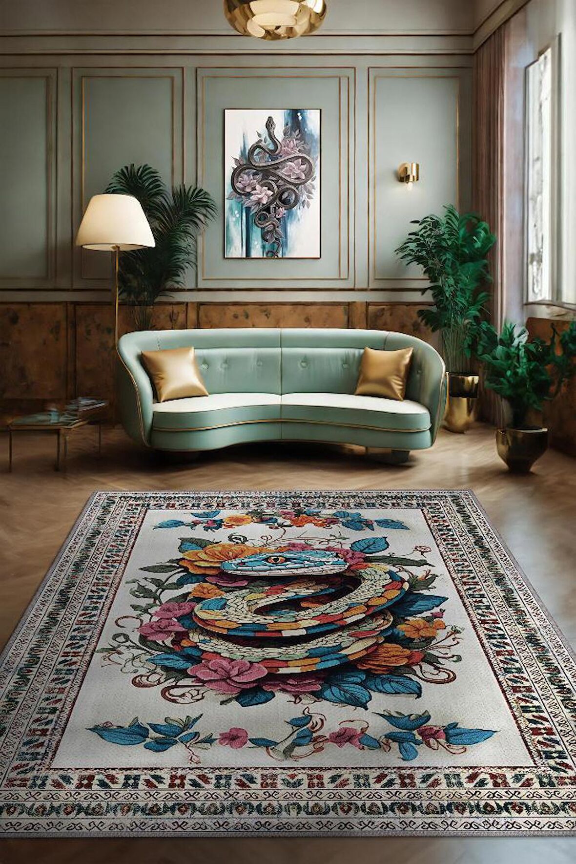 Homshtag Nuh'un Gemisi Koleksiyonu Yılan , Çiçek Desenli Art Deco Tarzı Vintage Halı,Çok Renkli Maksimalist Halı