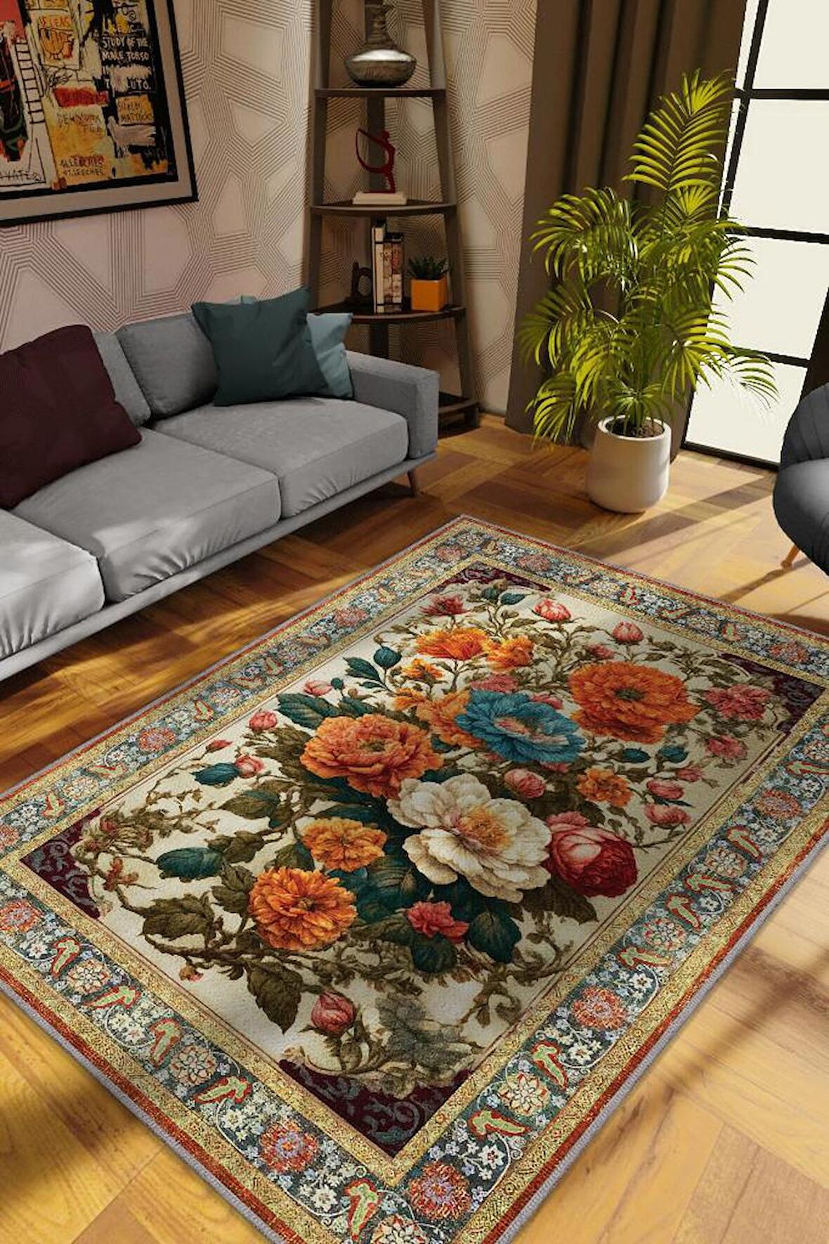 Homshtag Art Deco Renkli Çiçekler Vintage Halı Görünümlü Dijital Baskı Çok Renkli Halı, Dekoratif Rustik Çiçekli Halı